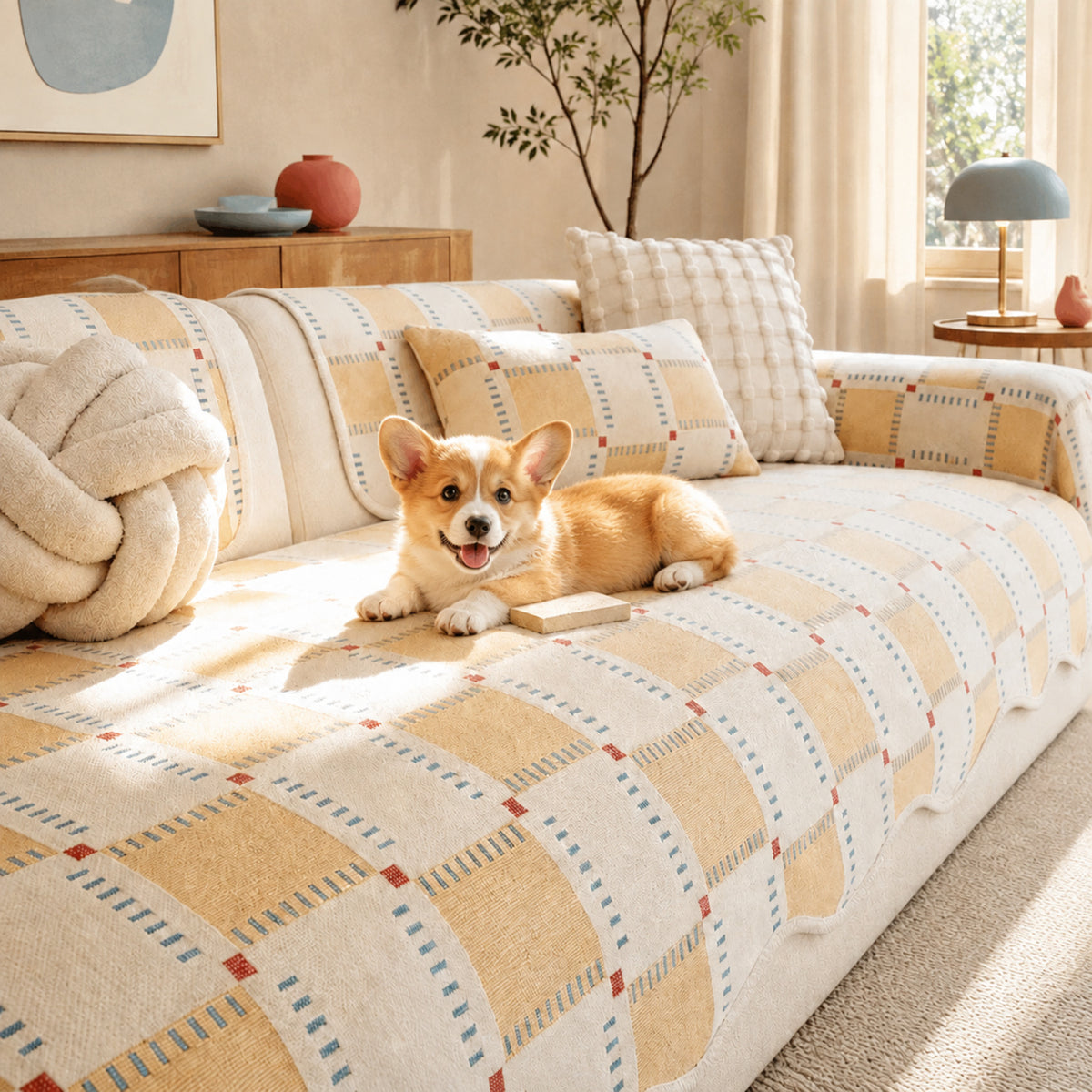 Plaid Chenille Sofa Protector | Scratch-Resistant Non-Slip Washable Cover