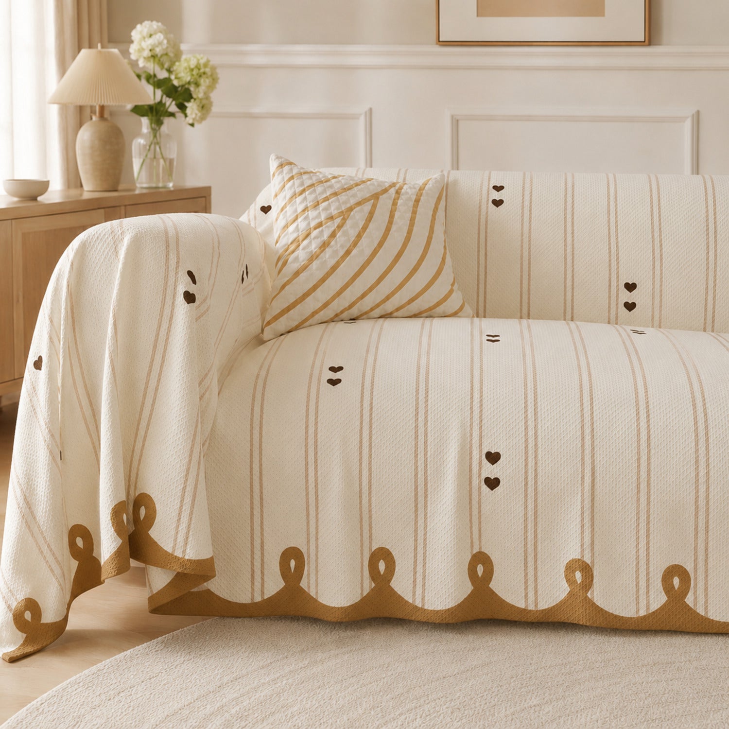 Dainty Heart Sofa Throw | Faux Linen | Non-Slip All-Season Sofa Protector