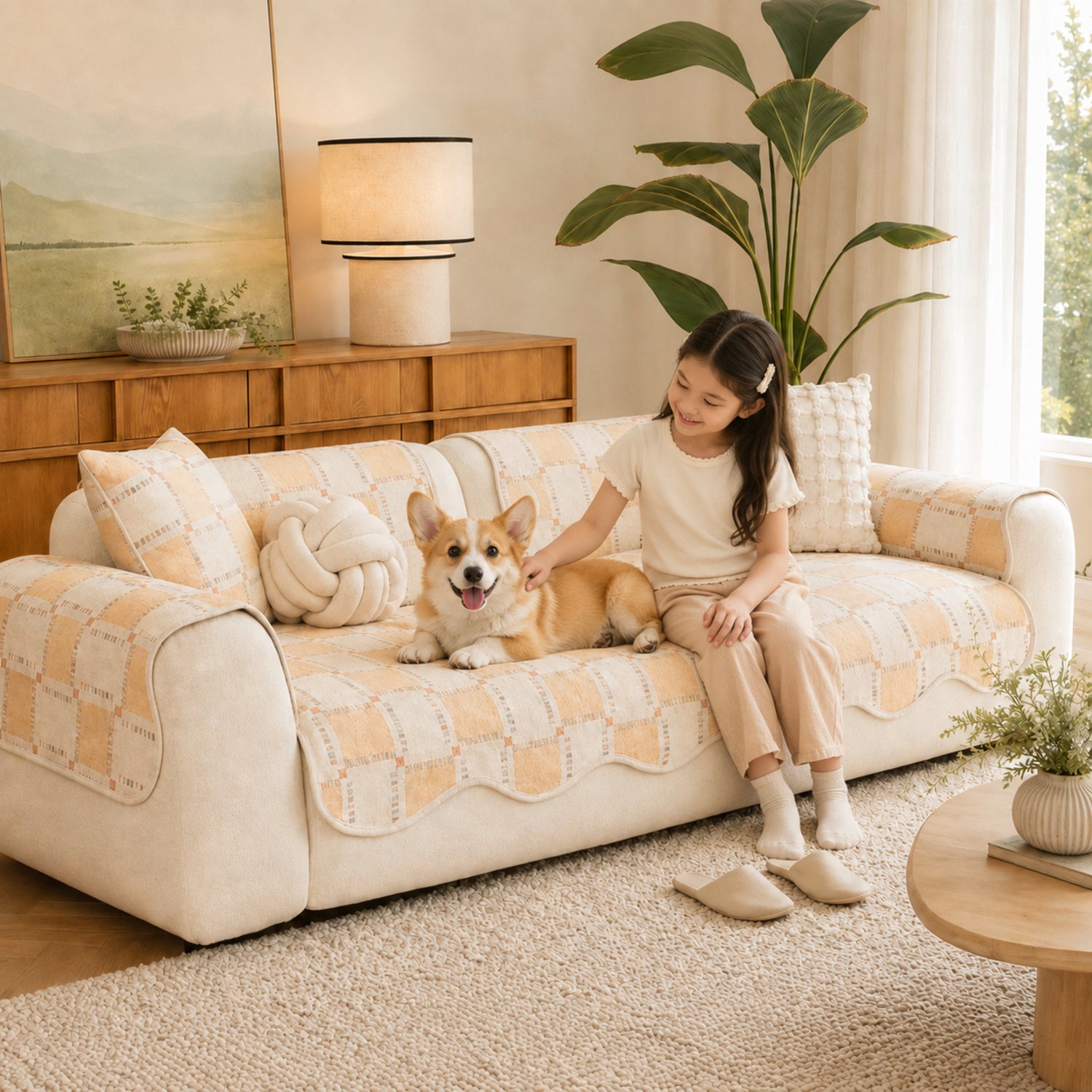 Plaid Chenille Sofa Protector | Scratch-Resistant Non-Slip Washable Cover