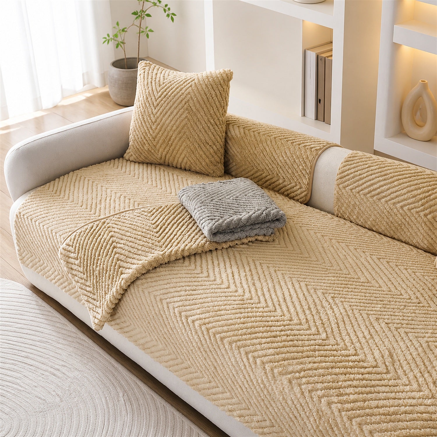 Thickened Plush Herringbone Sofa Cover | Non-Slip Pet-Proof Couch Protector | Machine Washable | Woofing Deals
