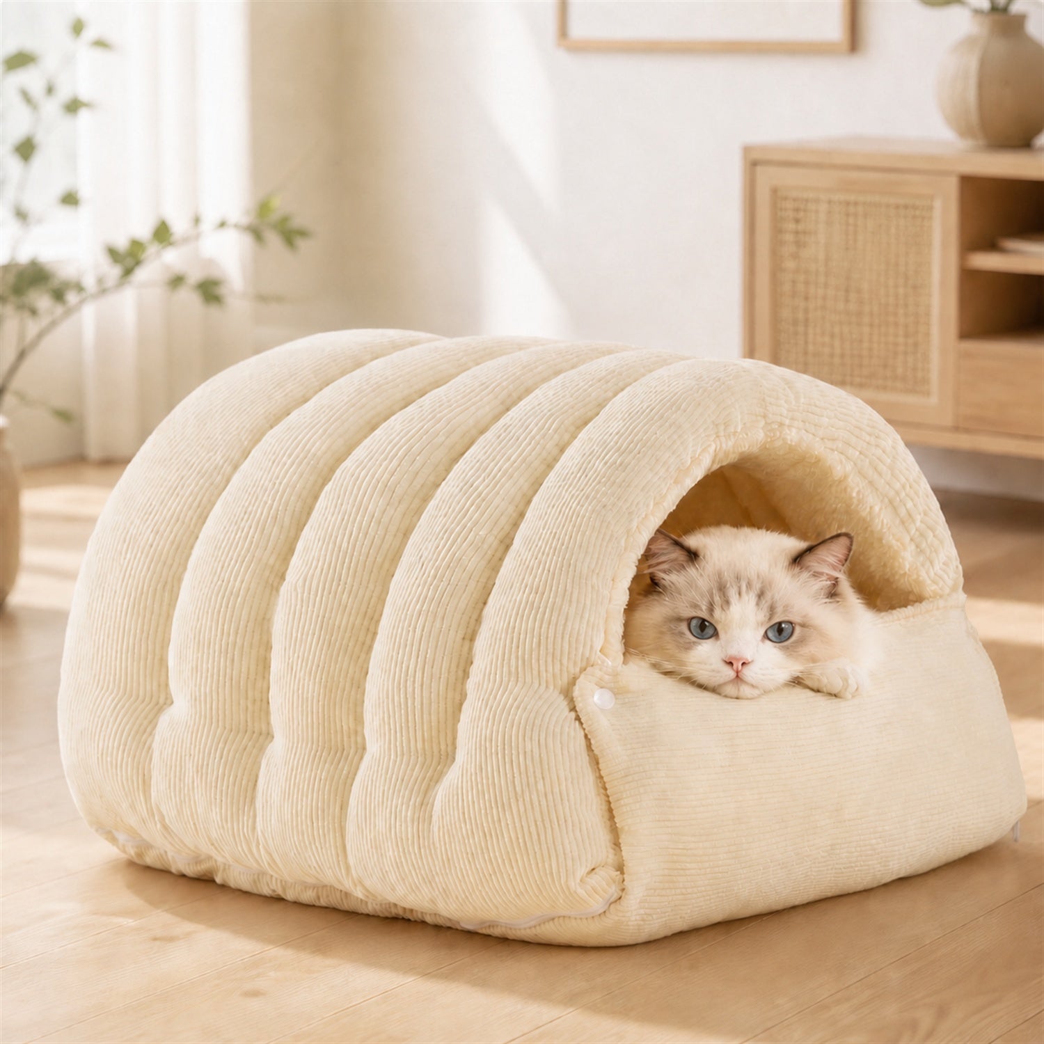 Cosy Tunnel Cat Bed | Warm Corduroy | Removable Washable Hideaway