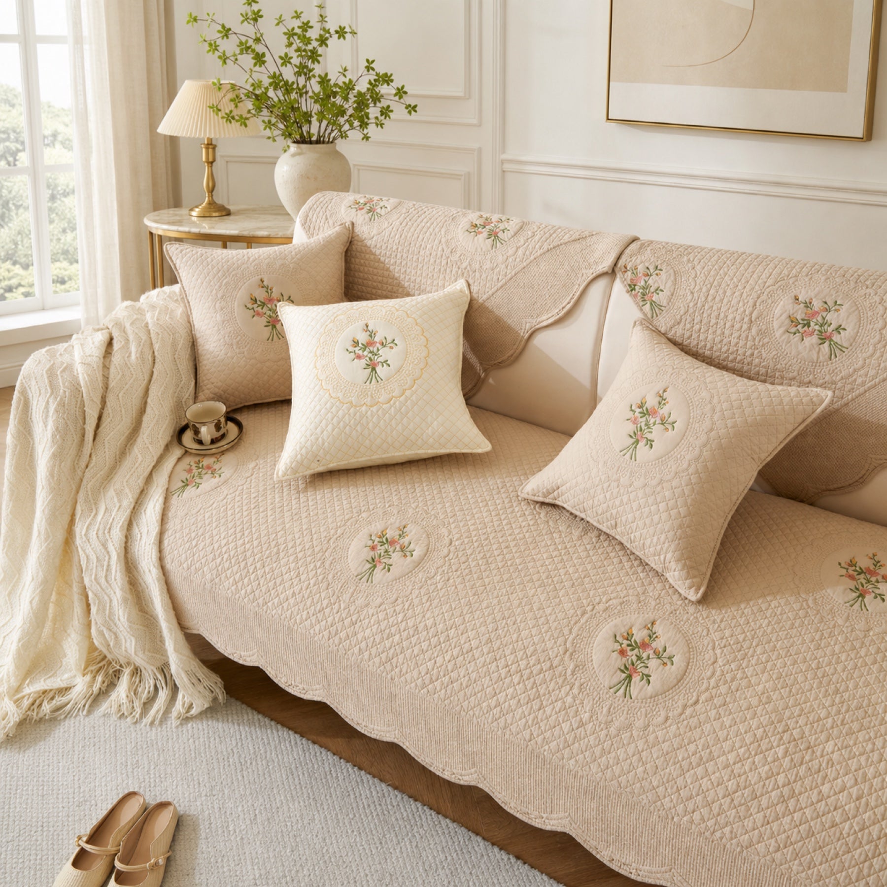 Heritage Floral Sofa Cover | Embroidered Cotton | Anti-Slip & Washable