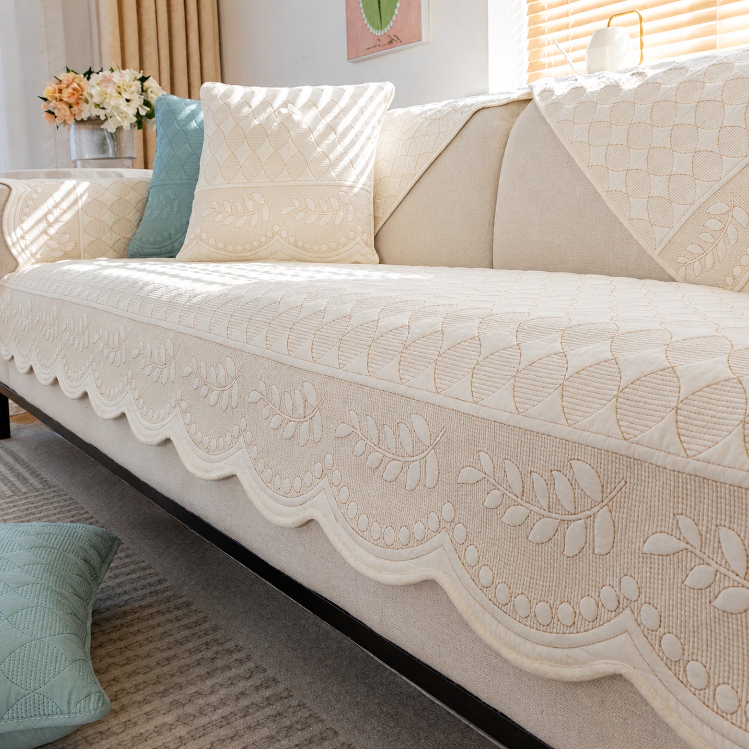 Willow Floral Cotton Sofa Protector | Quilted Non-Slip Washable Cover