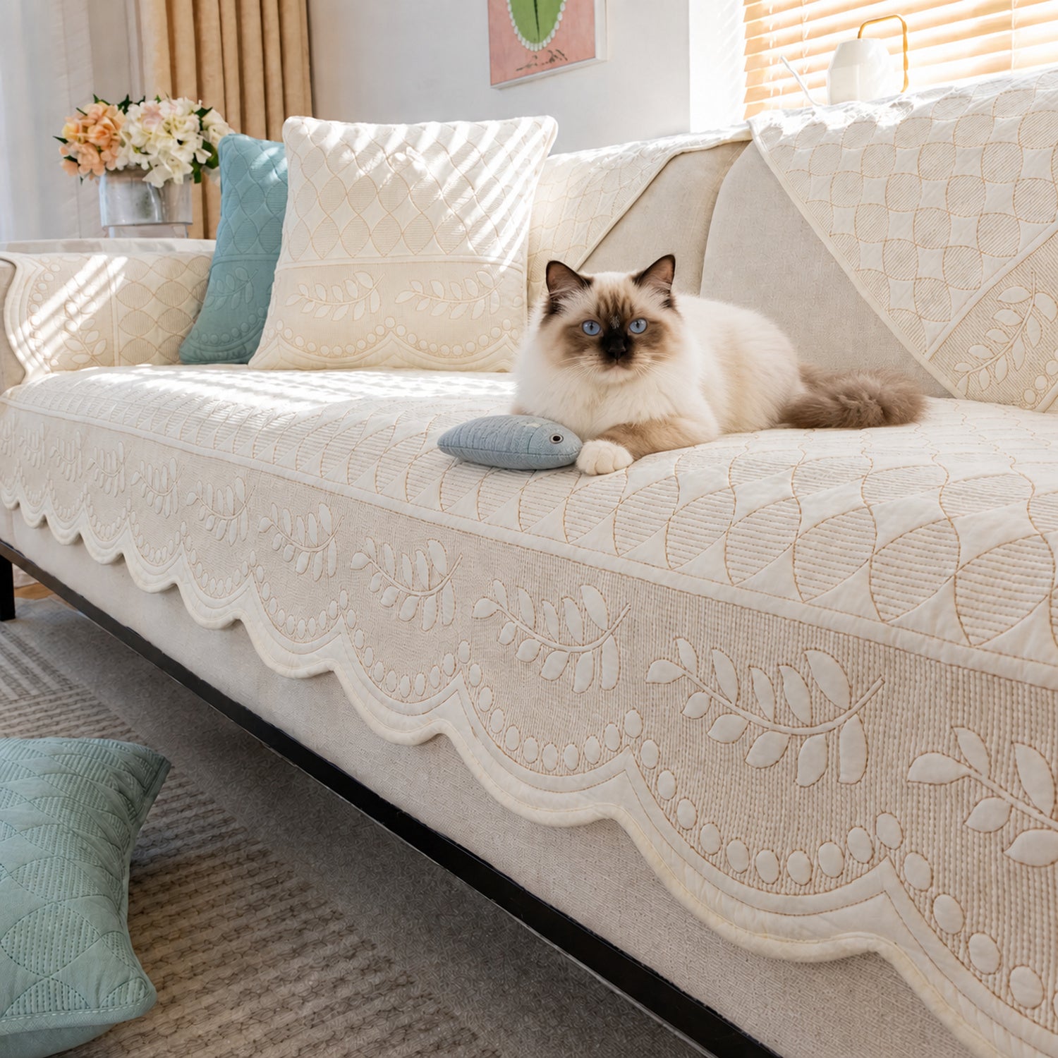 Willow Floral Cotton Sofa Protector | Quilted Non-Slip Washable Cover