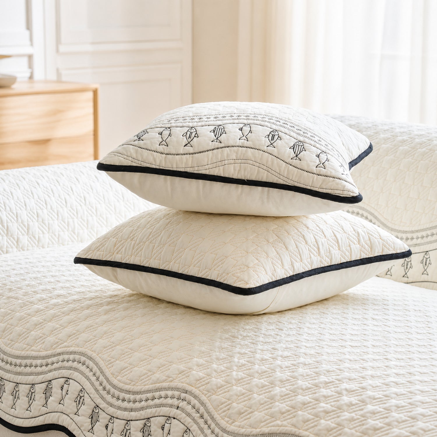 Fish Pattern Cotton Sofa Protector | Quilted Non-Slip Washable Cover