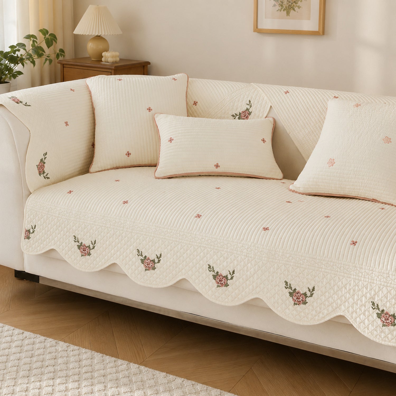 Little Rose Quilted Sofa Cover | Floral Cotton | Non-Slip & Machine Washable