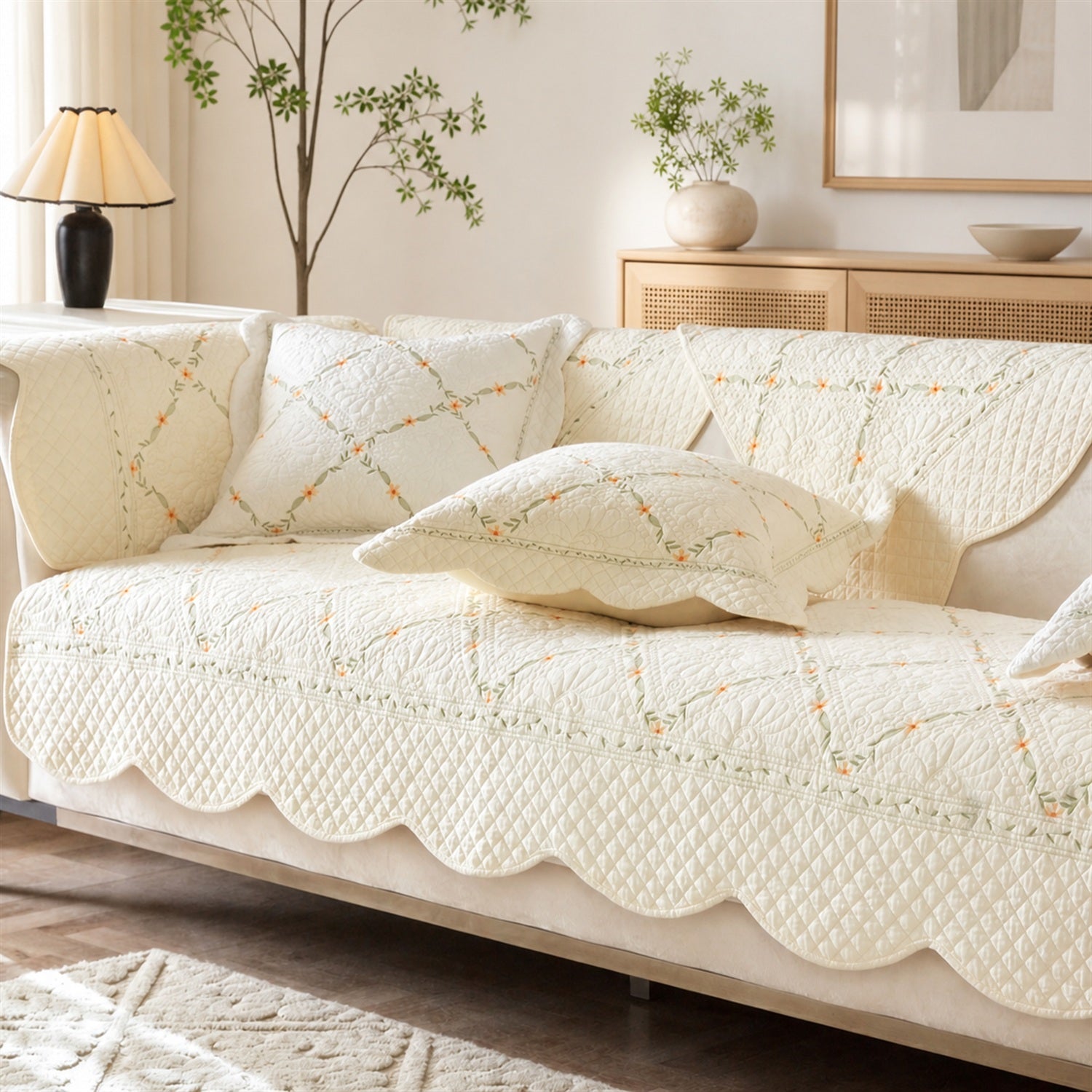 Delicate Vine Cotton Sofa Cover | Quilted Non-Slip Washable Protector