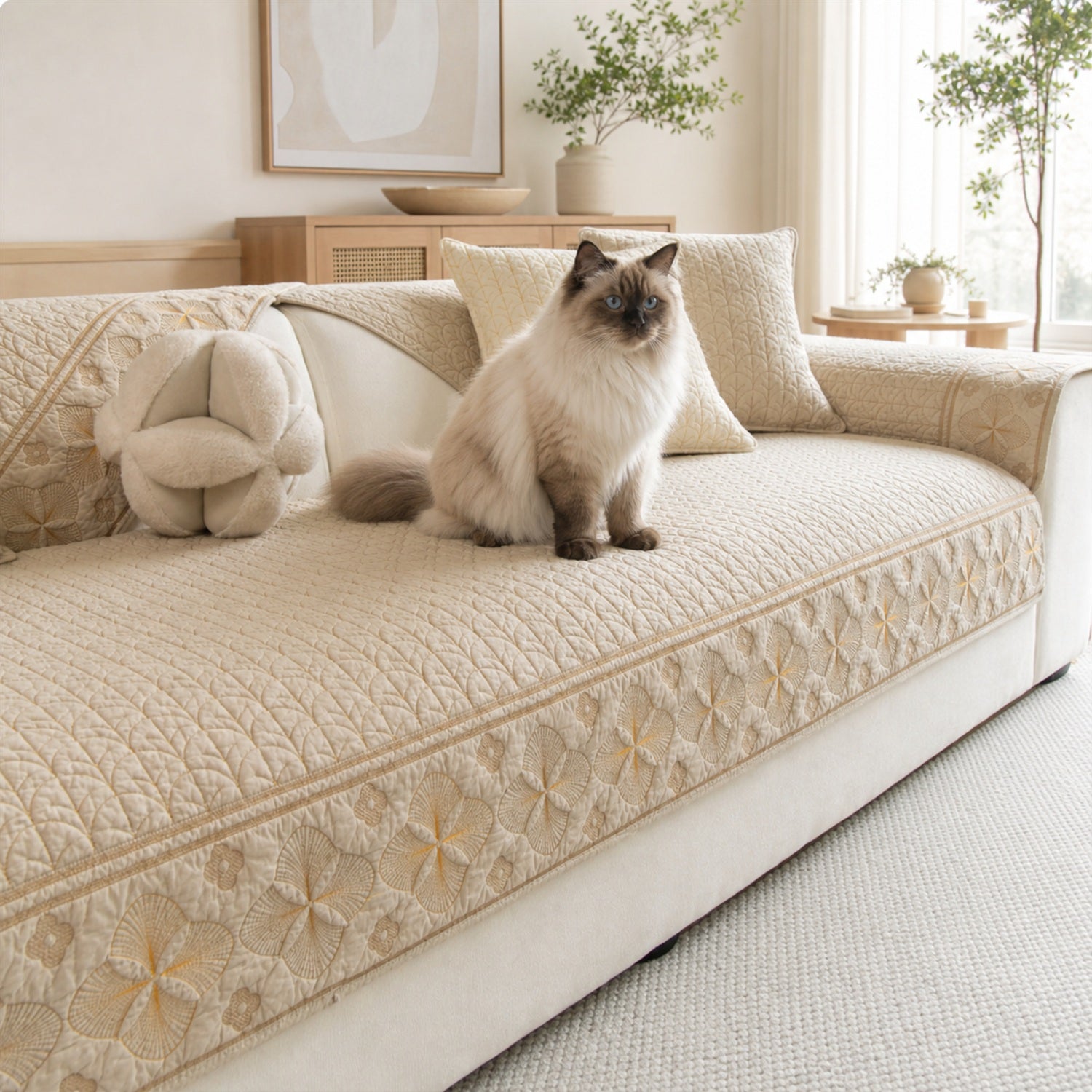 Floral Grace Quilted Sofa Cover | 100% Cotton | Non-Slip Machine-Washable