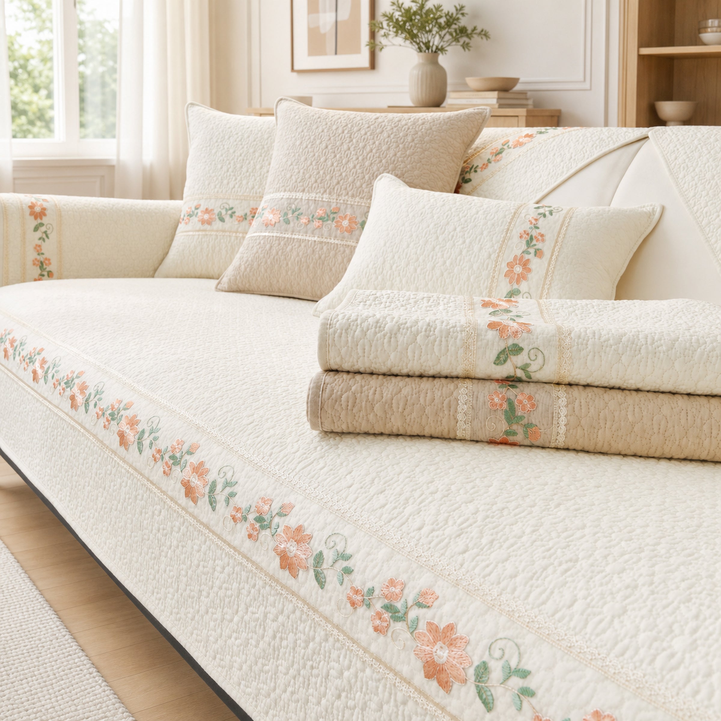 Floral Garden Sofa Cover | Breathable Cotton |  All-Season Anti-Slip Couch Protector