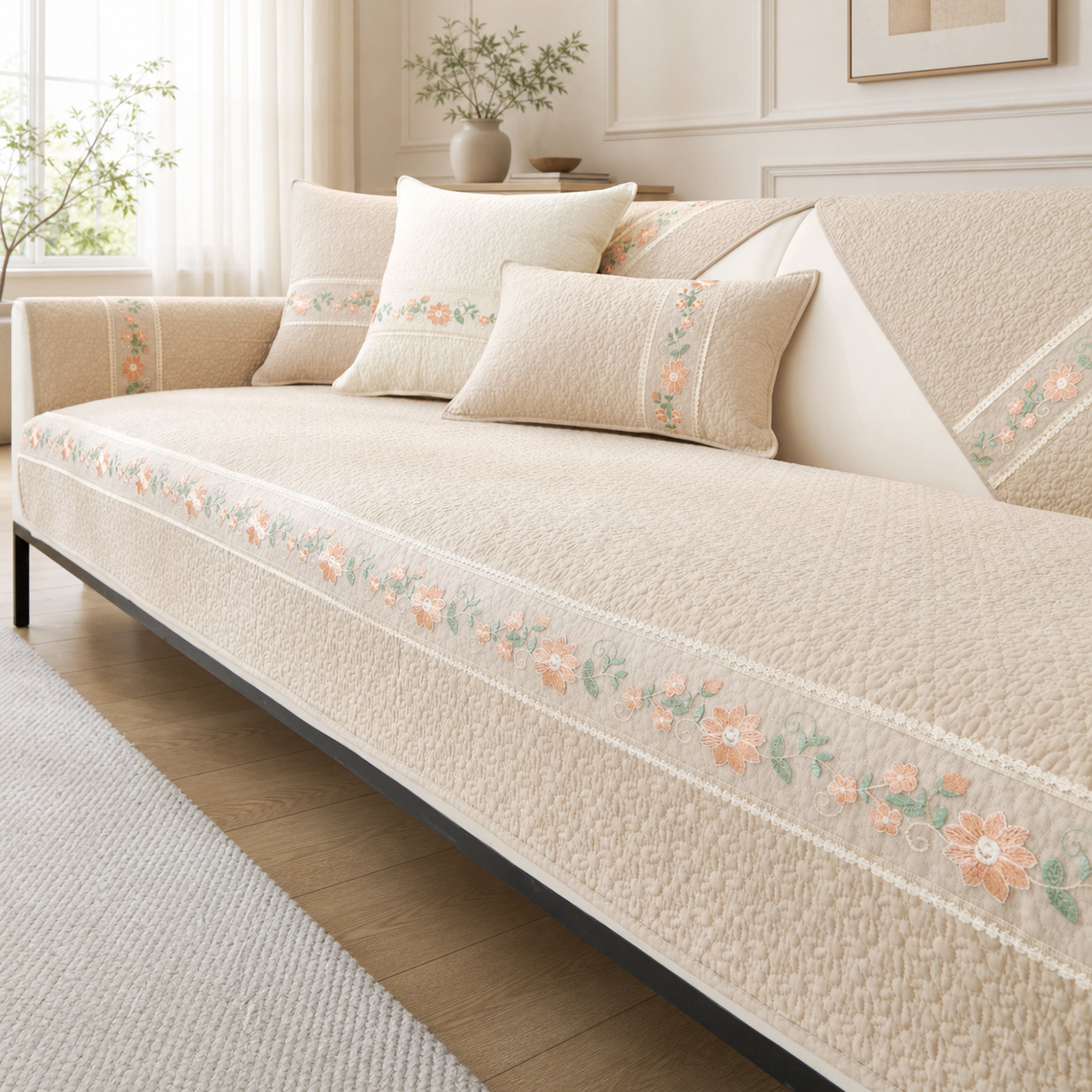 Floral Garden Sofa Cover | Breathable Cotton |  All-Season Anti-Slip Couch Protector