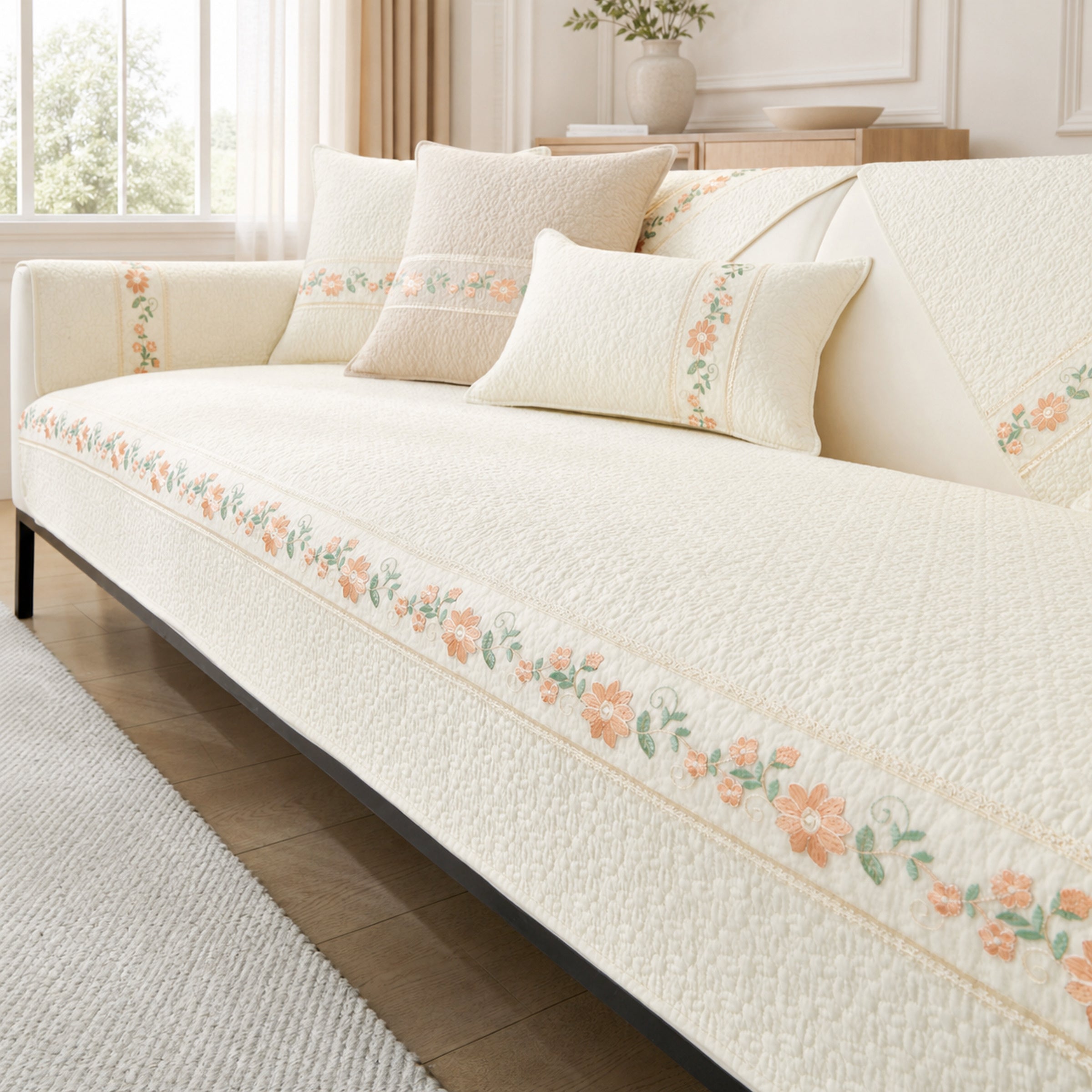 Floral Garden Sofa Cover | Breathable Cotton |  All-Season Anti-Slip Couch Protector