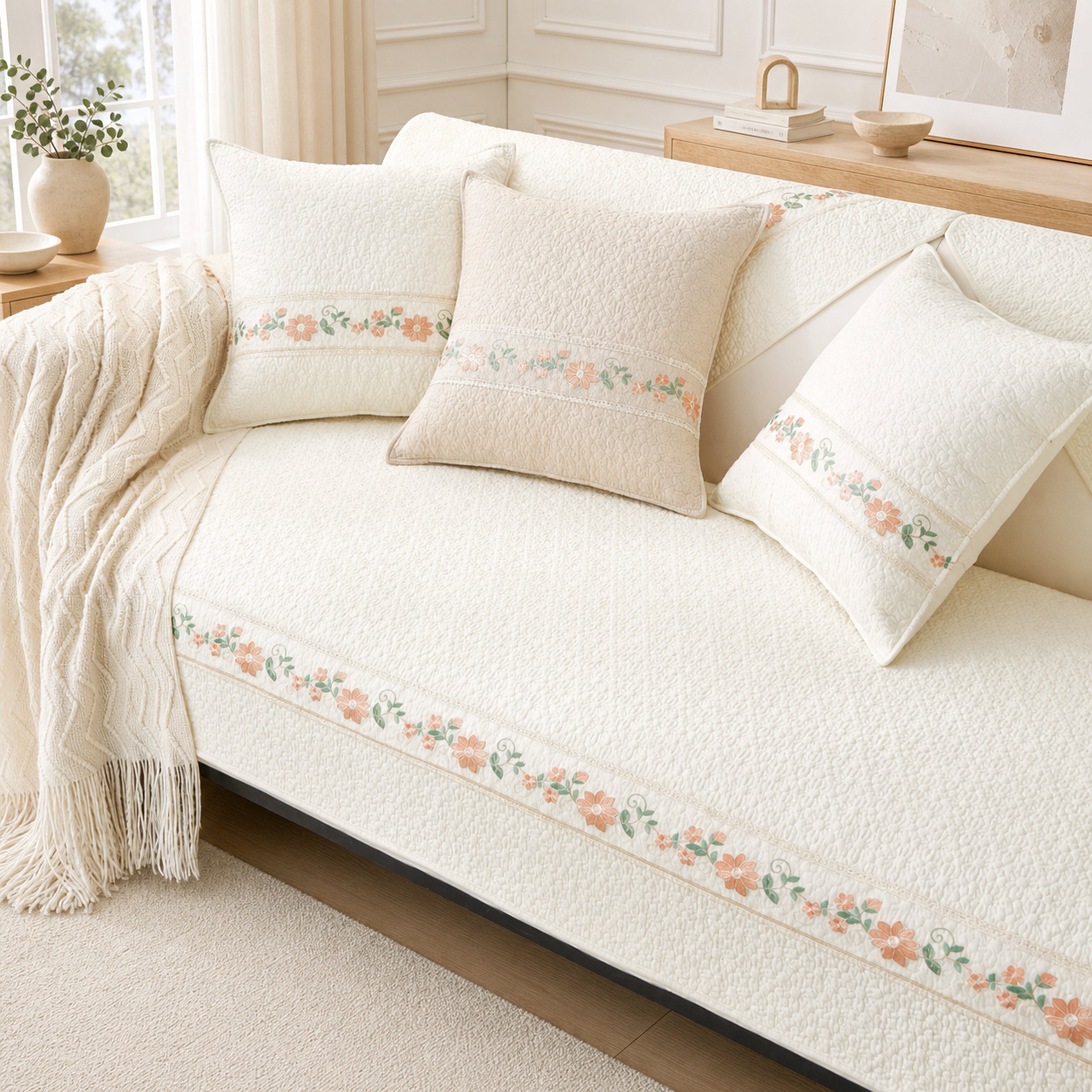 Floral Garden Sofa Cover | Breathable Cotton |  All-Season Anti-Slip Couch Protector