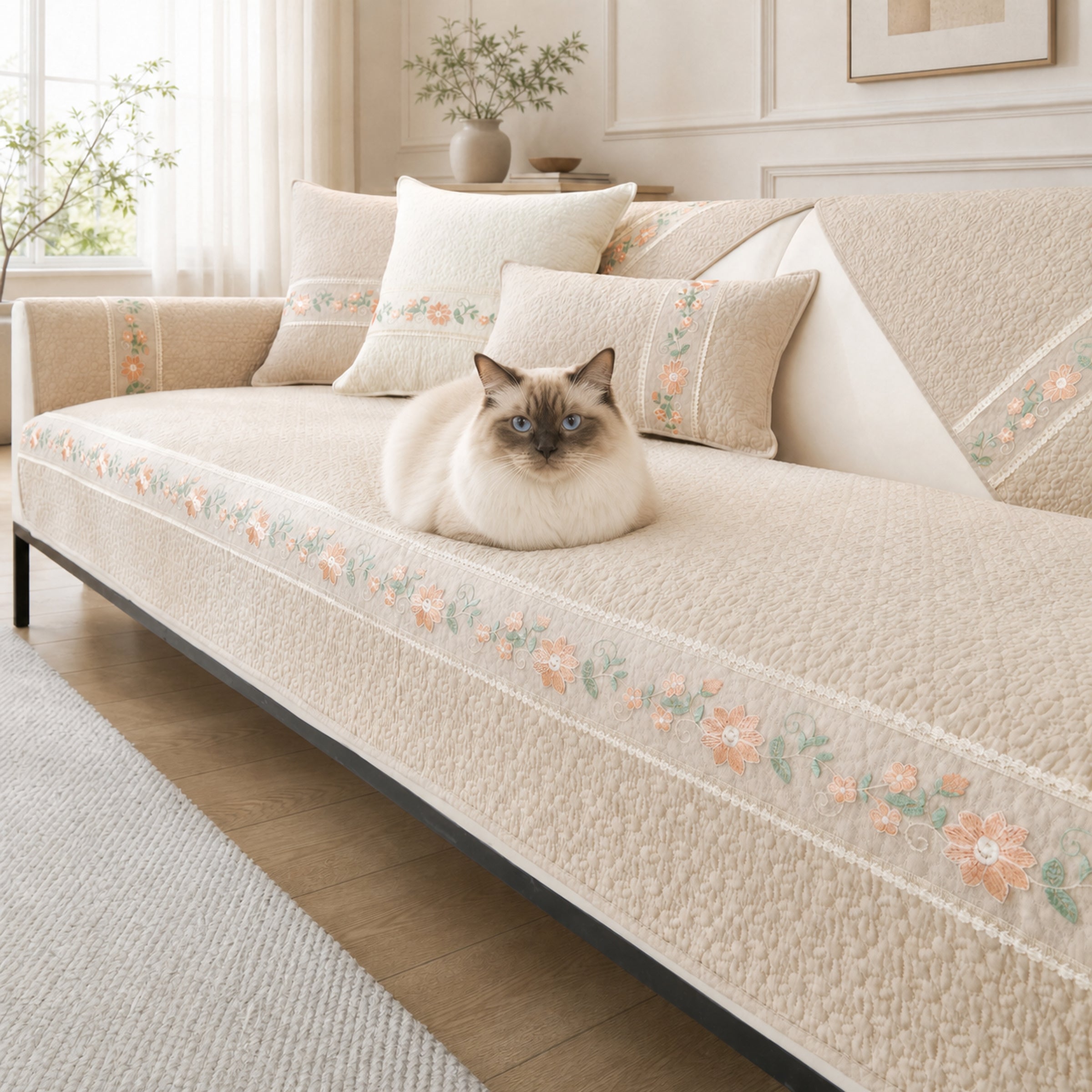 Floral Garden Sofa Cover | Breathable Cotton |  All-Season Anti-Slip Couch Protector