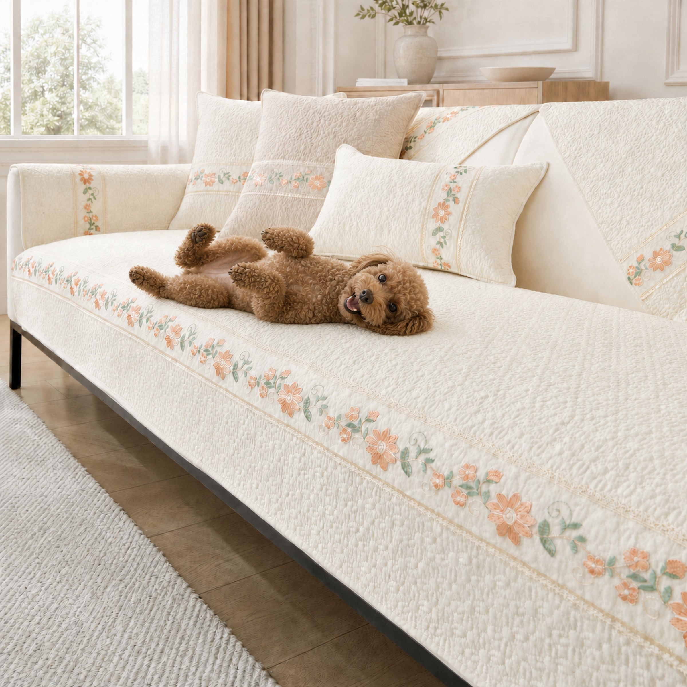 Floral Garden Sofa Cover | Breathable Cotton |  All-Season Anti-Slip Couch Protector