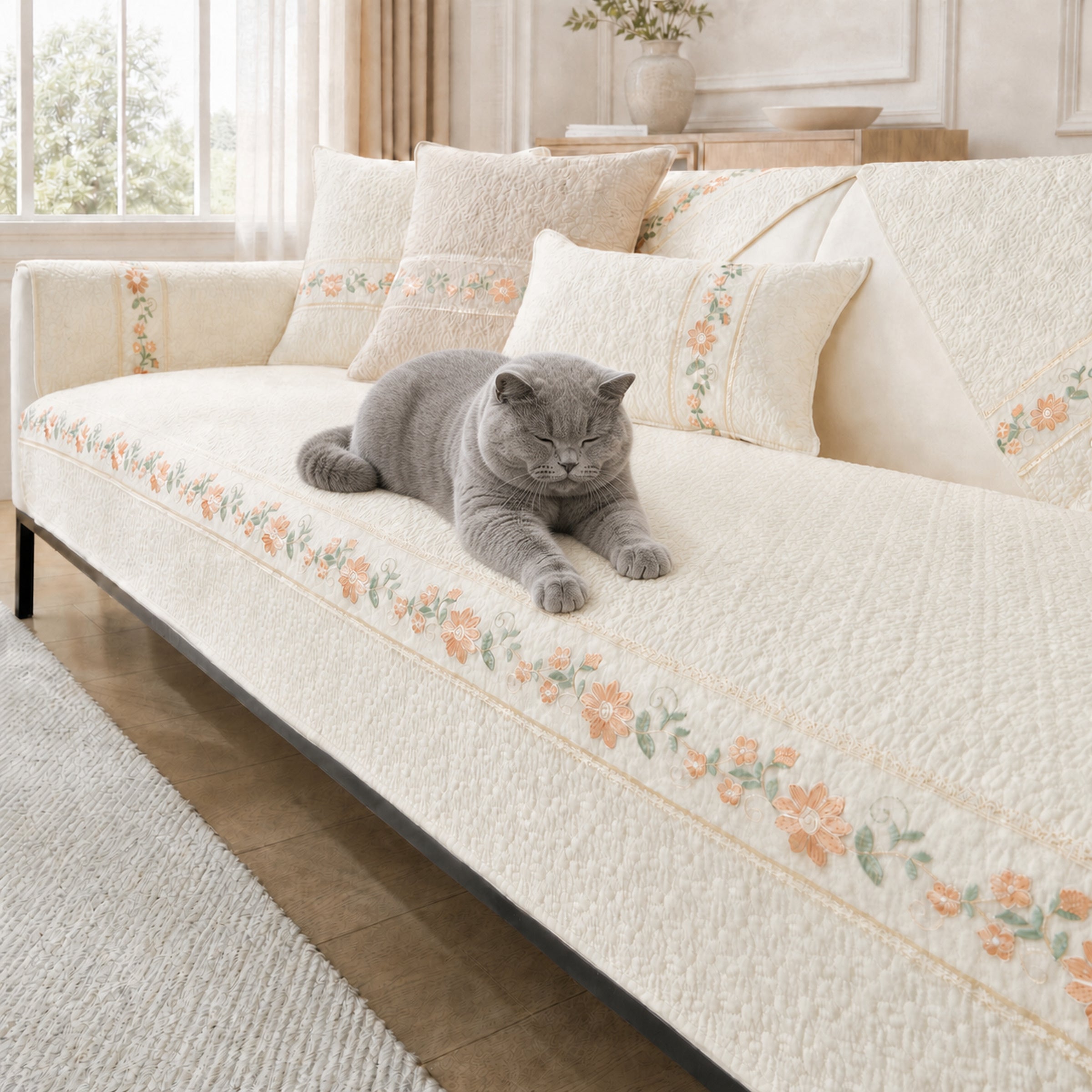 Floral Garden Sofa Cover | Breathable Cotton |  All-Season Anti-Slip Couch Protector