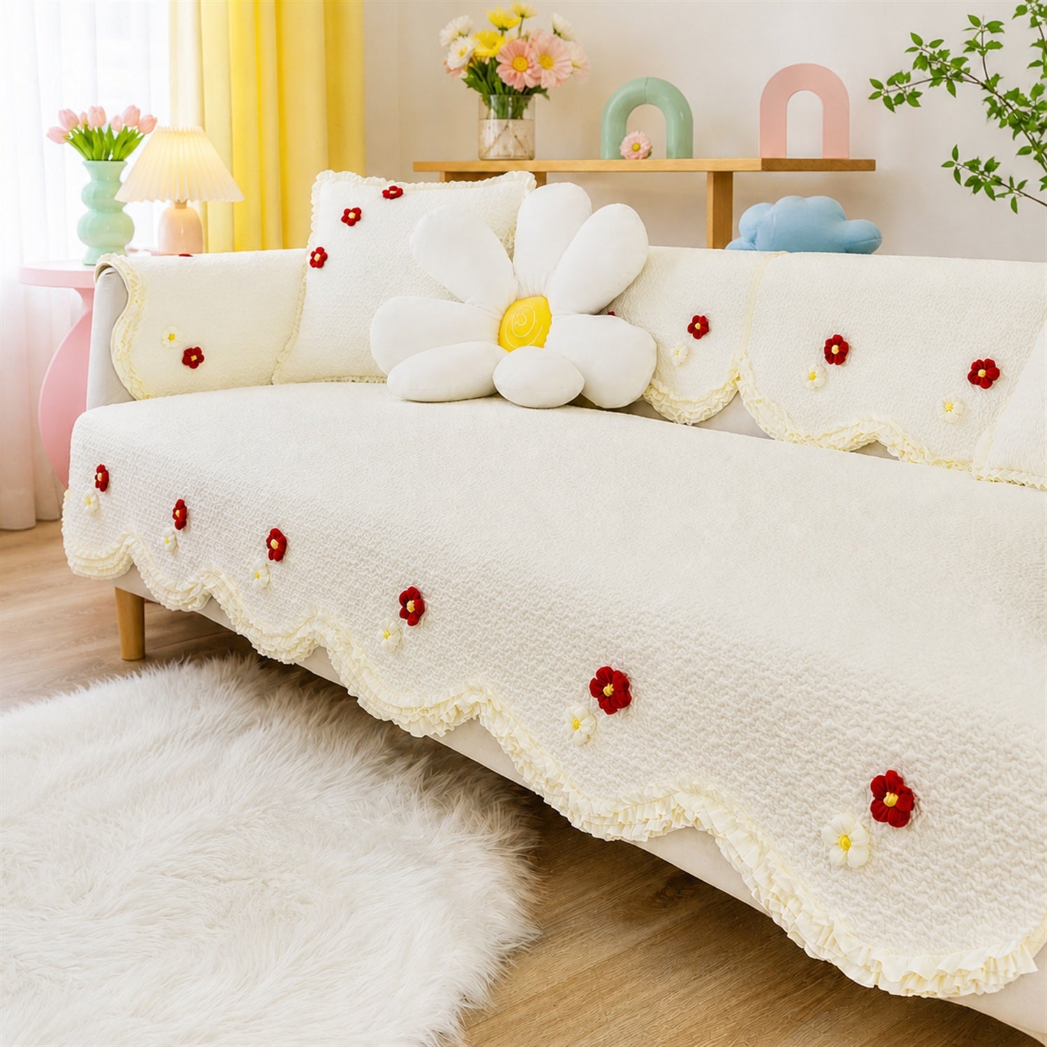 Daisy Ruffle Cotton Sofa Protector | Quilted, Non-Slip & Machine Washable