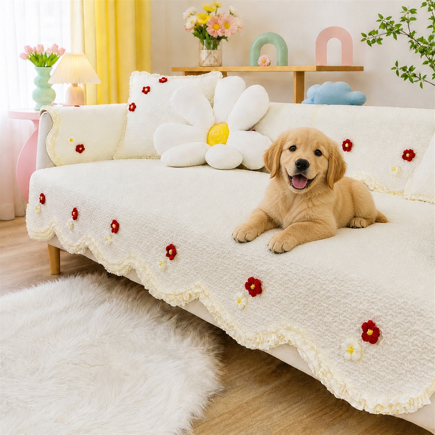 Daisy Ruffle Cotton Sofa Protector | Quilted, Non-Slip & Machine Washable
