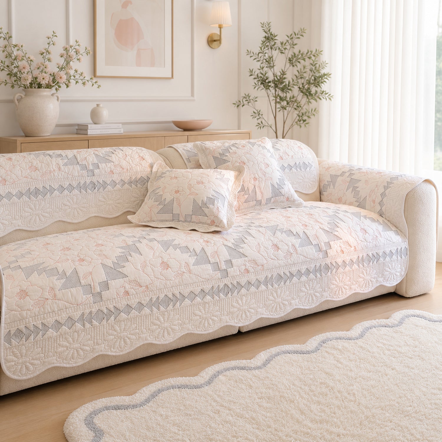 Floral Mosaic Cotton Sofa Protector | Quilted Non-Slip Washable Cover