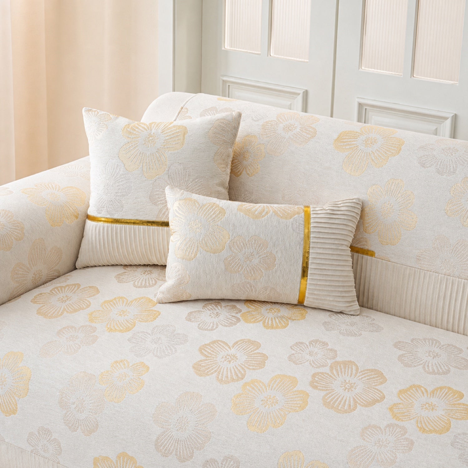 Golden Camellia Jacquard Sofa Cover | Chenille Anti-Slip Washable | Pet Protector