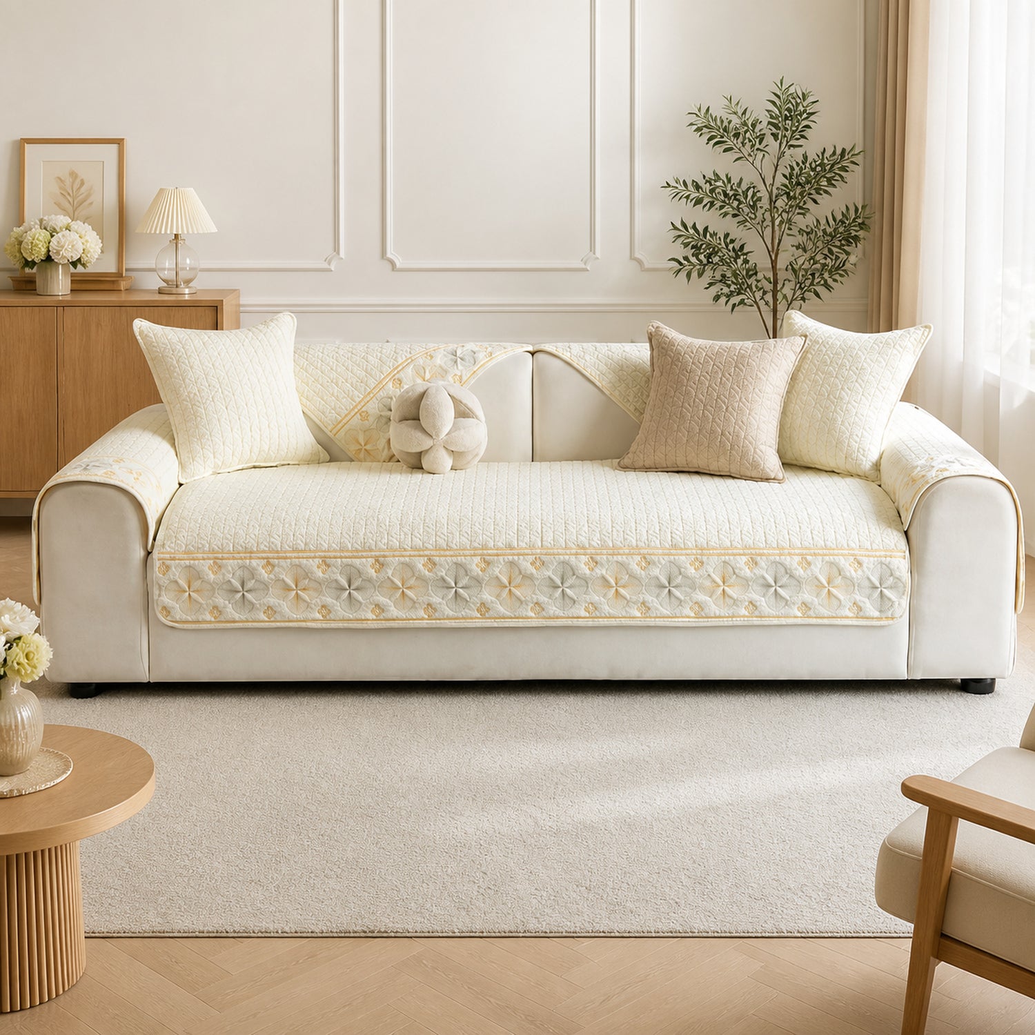 Floral Grace Quilted Sofa Cover | 100% Cotton | Non-Slip Machine-Washable