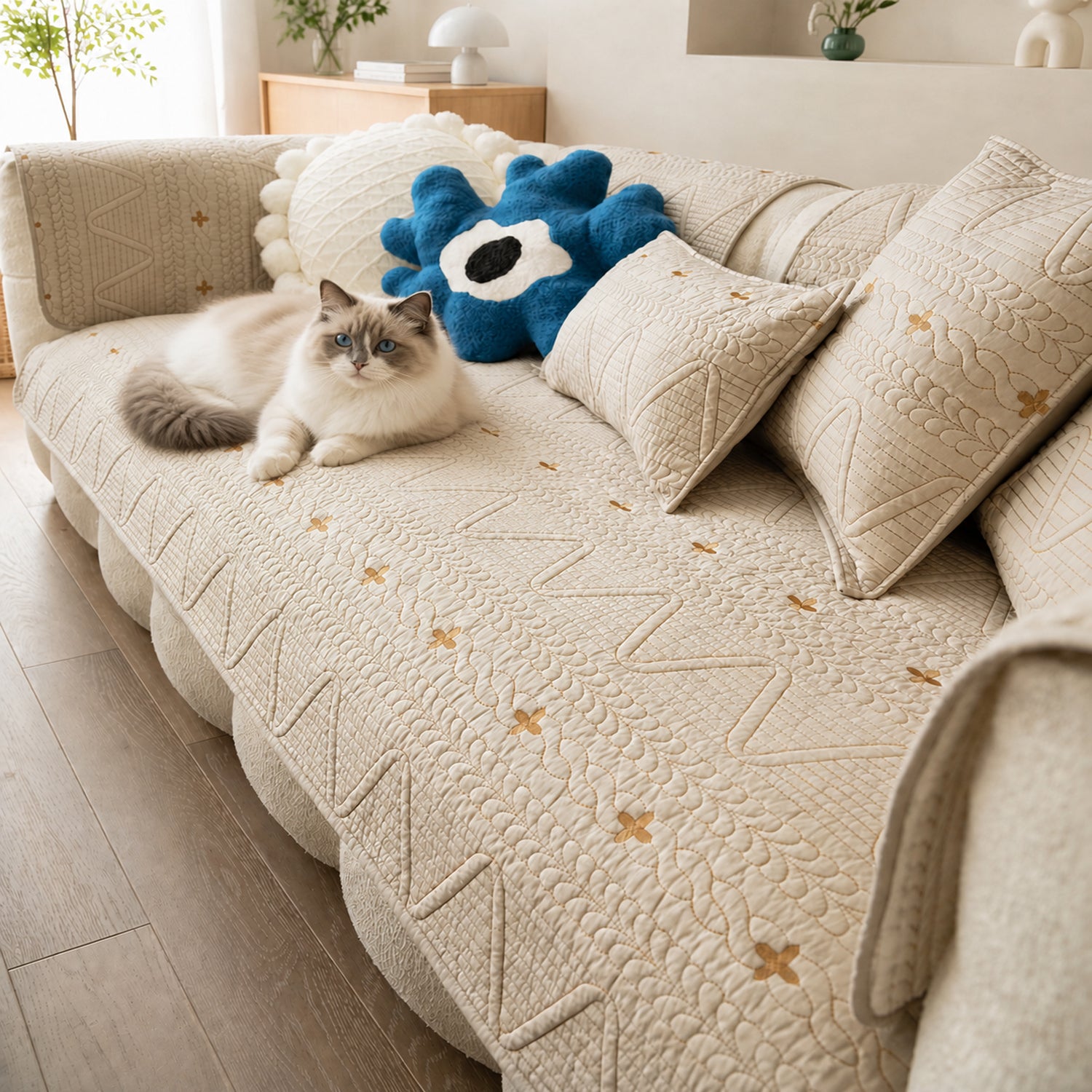 Nordic Cross Quilted Sofa Protector | 100% Cotton Non-Slip Washable Cover