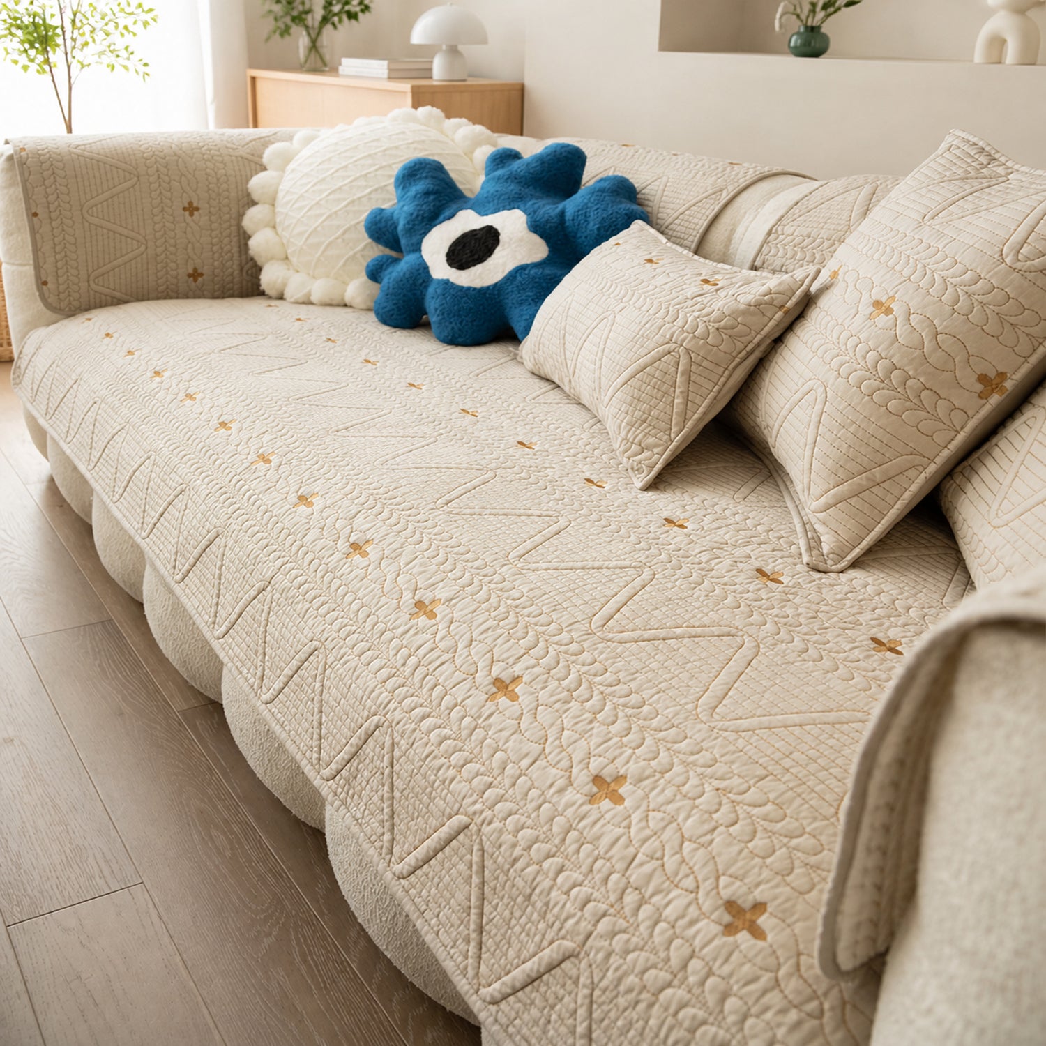 Nordic Cross Quilted Sofa Protector | 100% Cotton Non-Slip Washable Cover