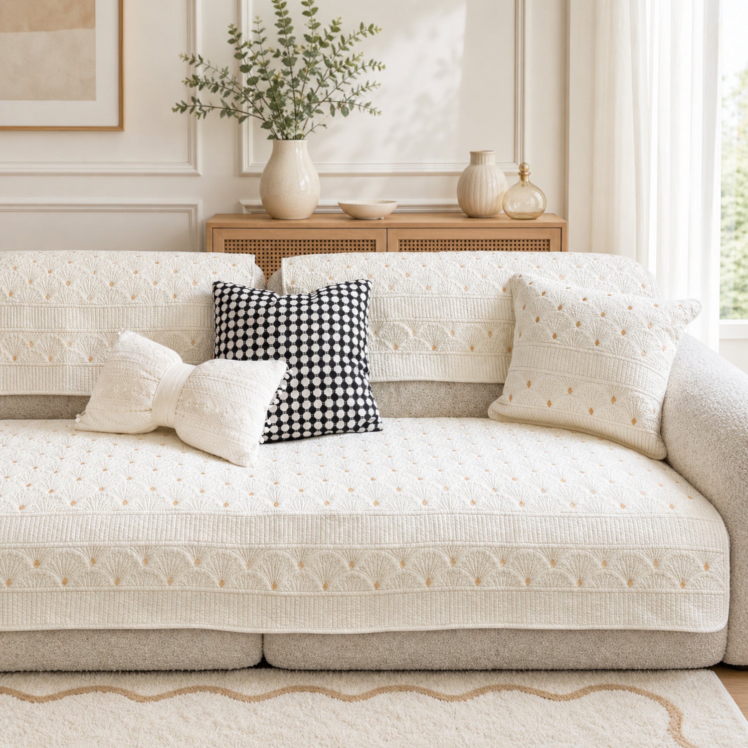 Fanleaf Cotton Sofa Protector | Embroidered Non-Slip Machine Washable Cover