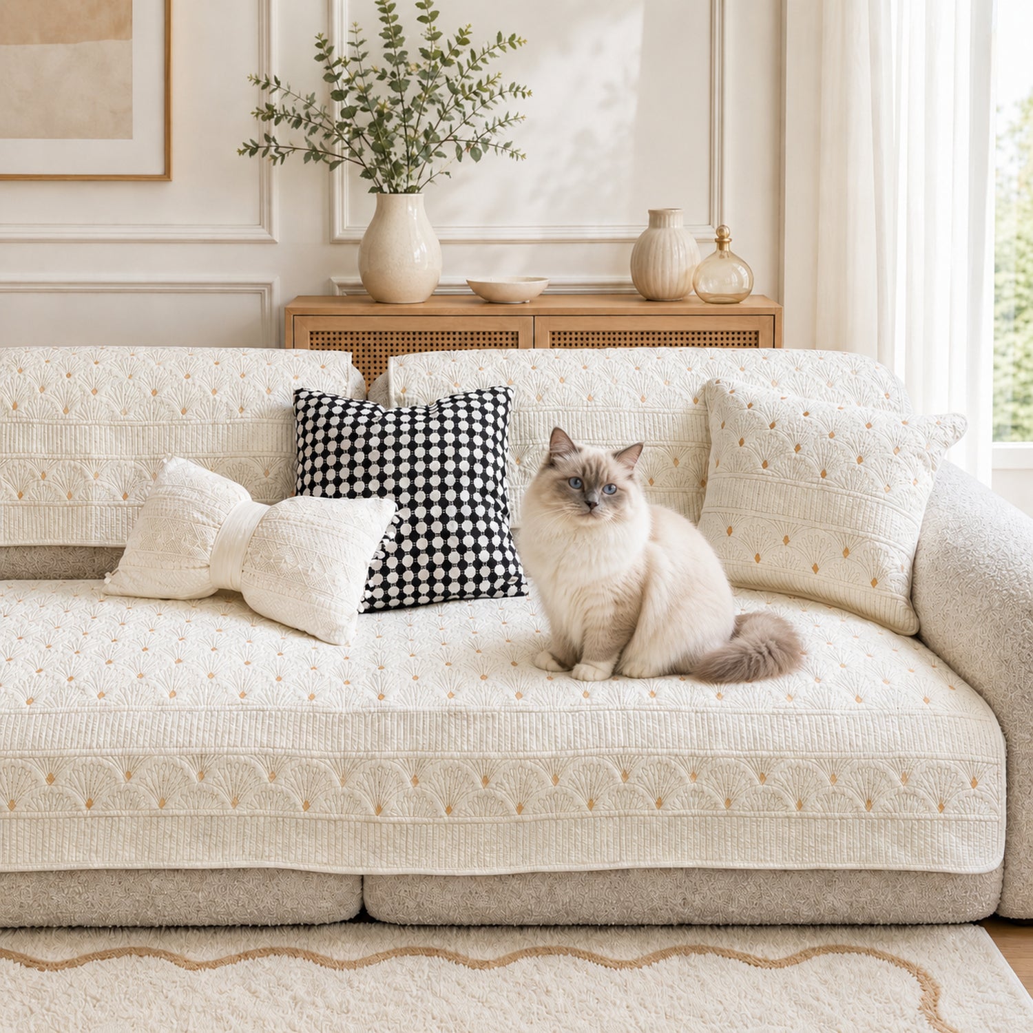 Fanleaf Cotton Sofa Protector | Embroidered Non-Slip Machine Washable Cover