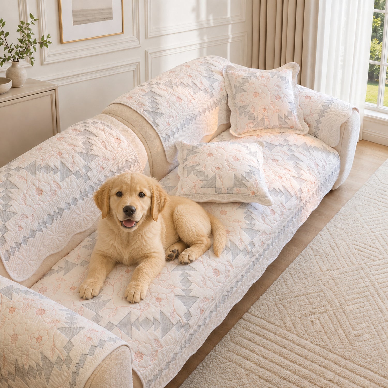 Floral Mosaic Cotton Sofa Protector | Quilted Non-Slip Washable Cover