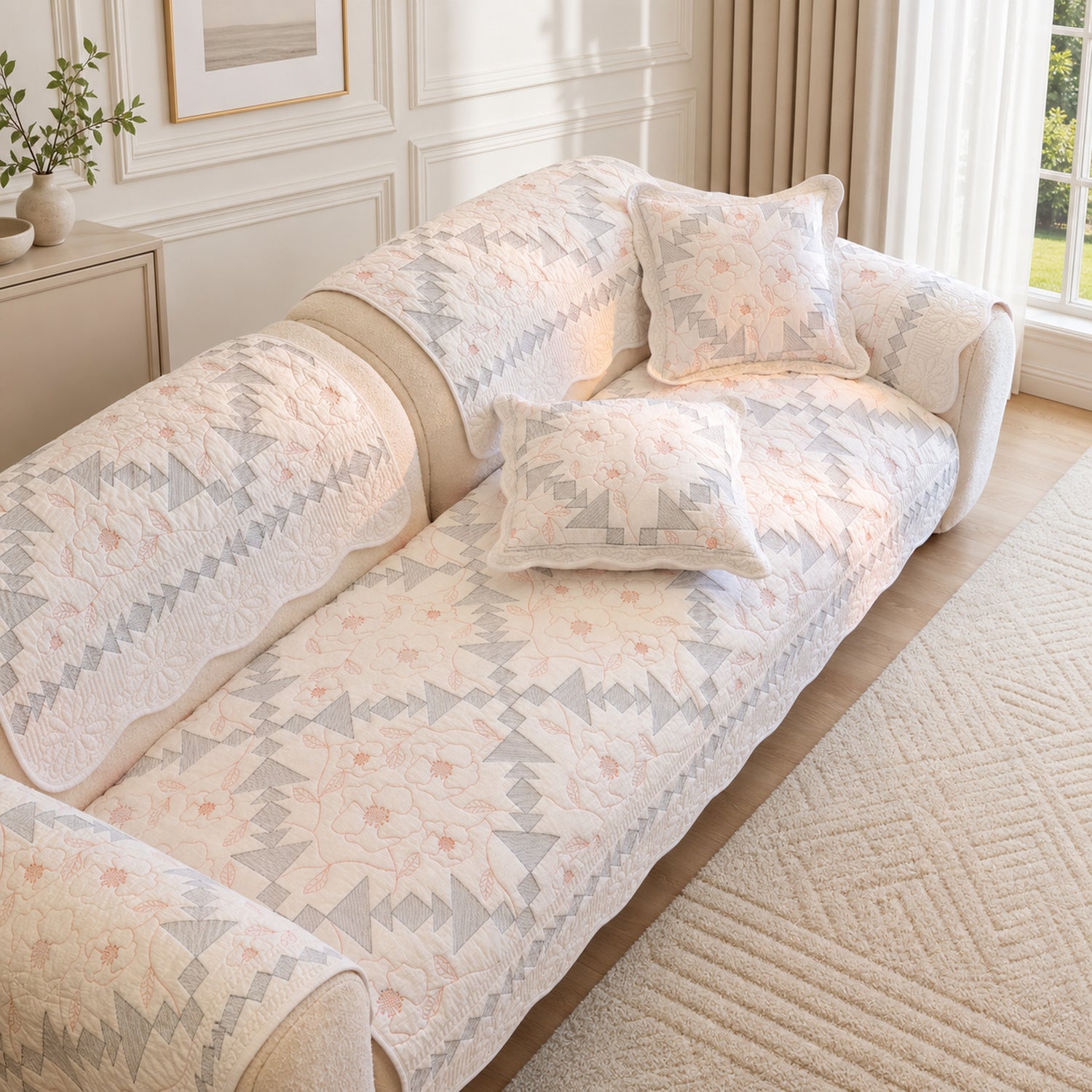 Floral Mosaic Cotton Sofa Protector | Quilted Non-Slip Washable Cover