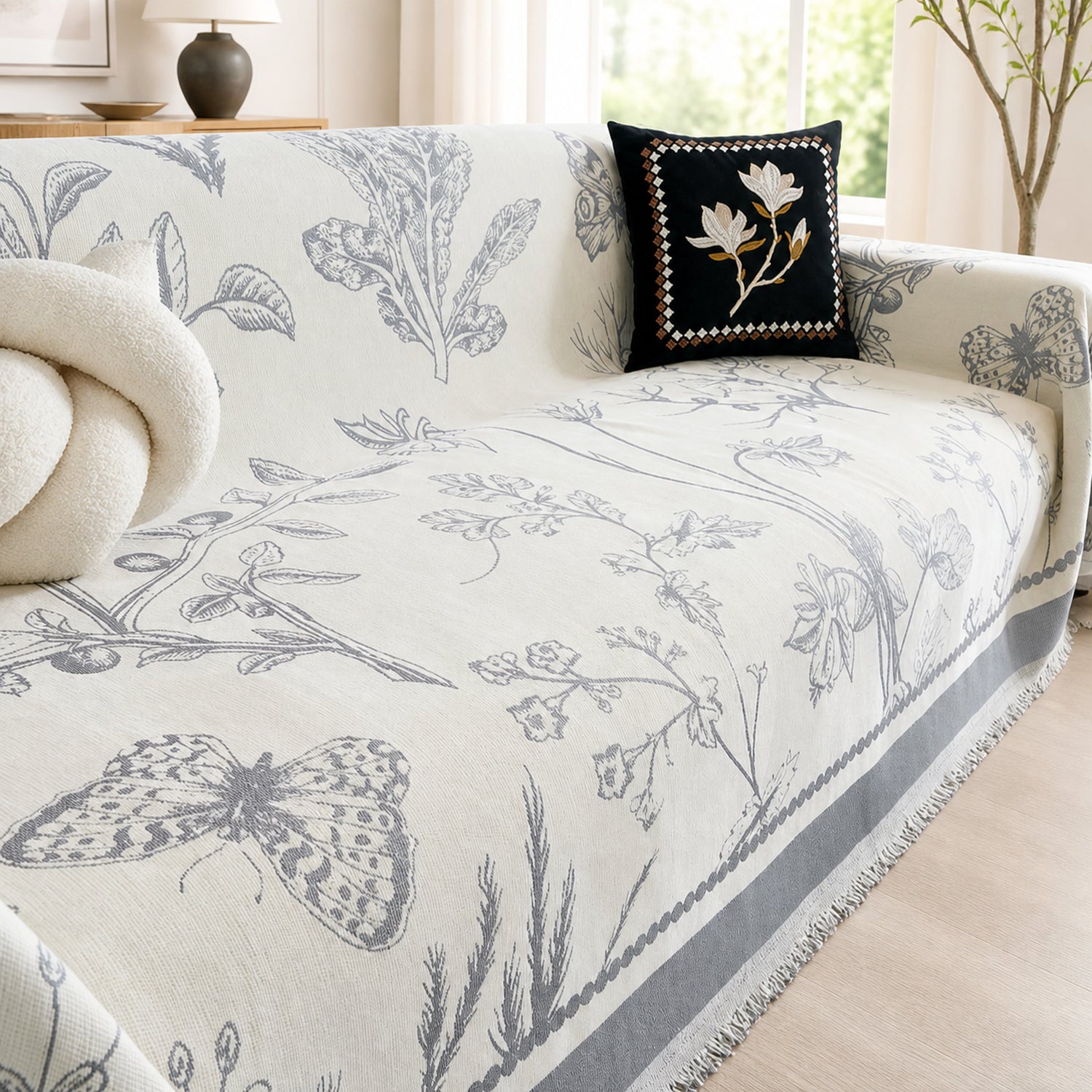 Botanical Sketch Reversible Chenille Sofa Throw | Machine-Washable Sofa Protector