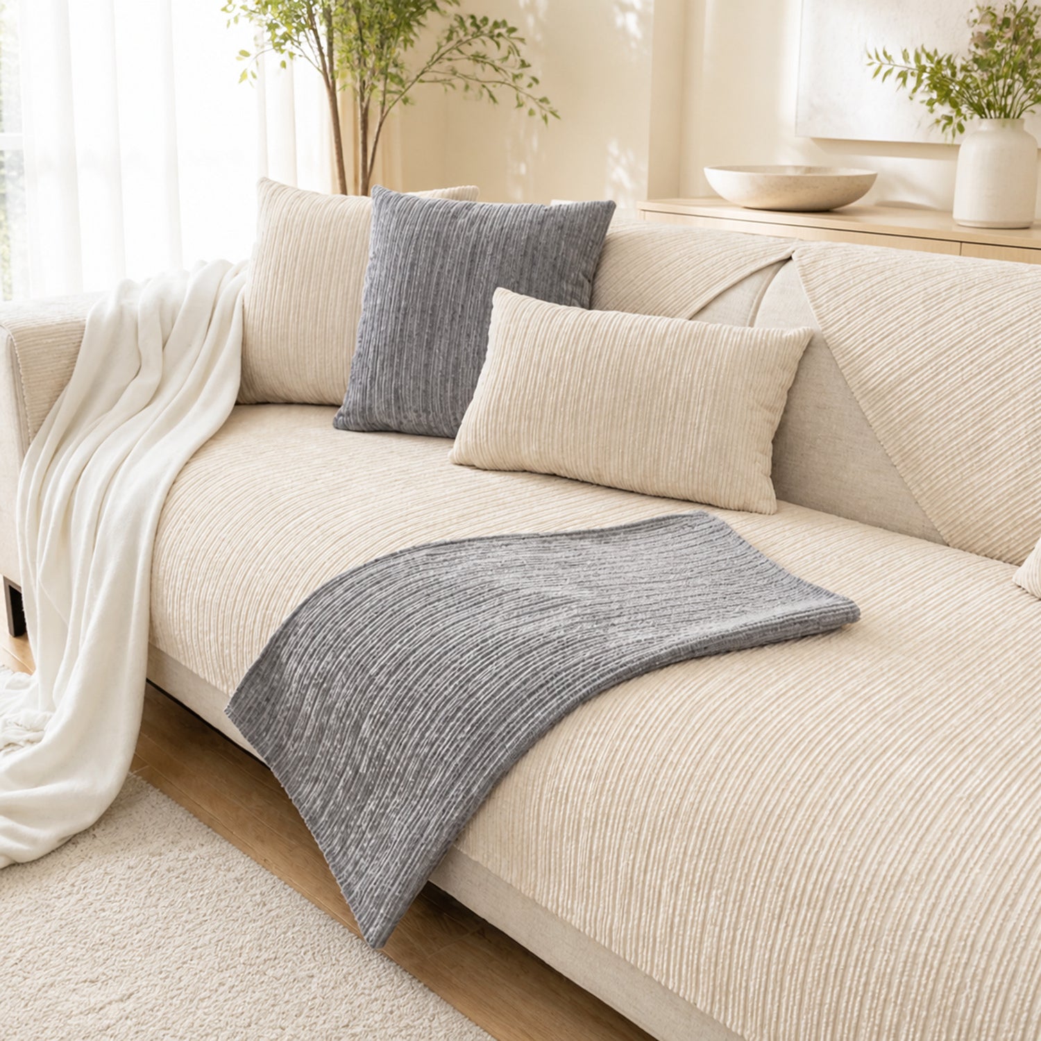 Soft Line Chenille Sofa Protector | Non-Slip Ribbed Design | Machine Washable