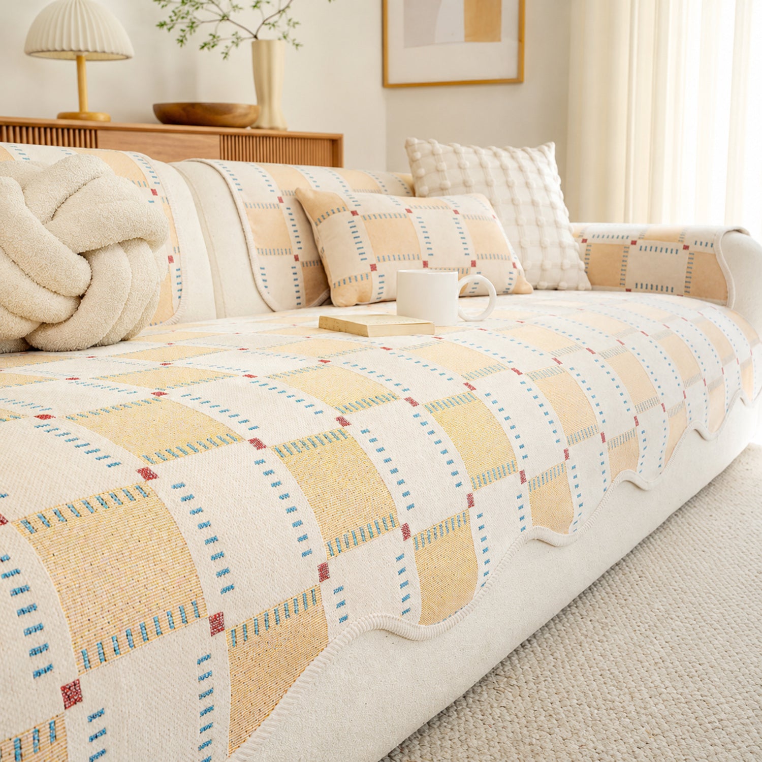 Plaid Chenille Sofa Protector | Scratch-Resistant Non-Slip Washable Cover