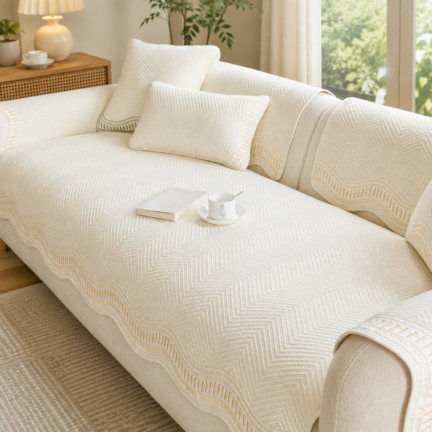 Chevron Wave Cotton Sofa Protector | Non-Slip Machine-Washable Cover