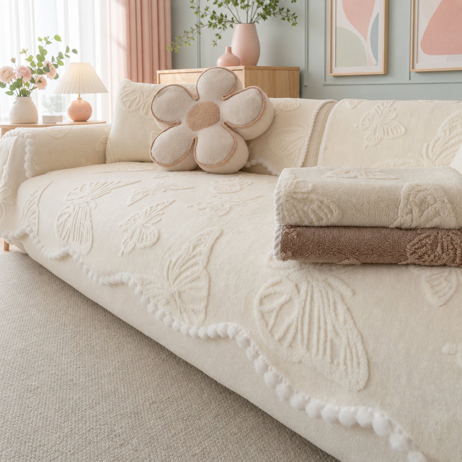 Butterfly Plush Sofa Protector | Warm Non-Slip Washable Winter Cover