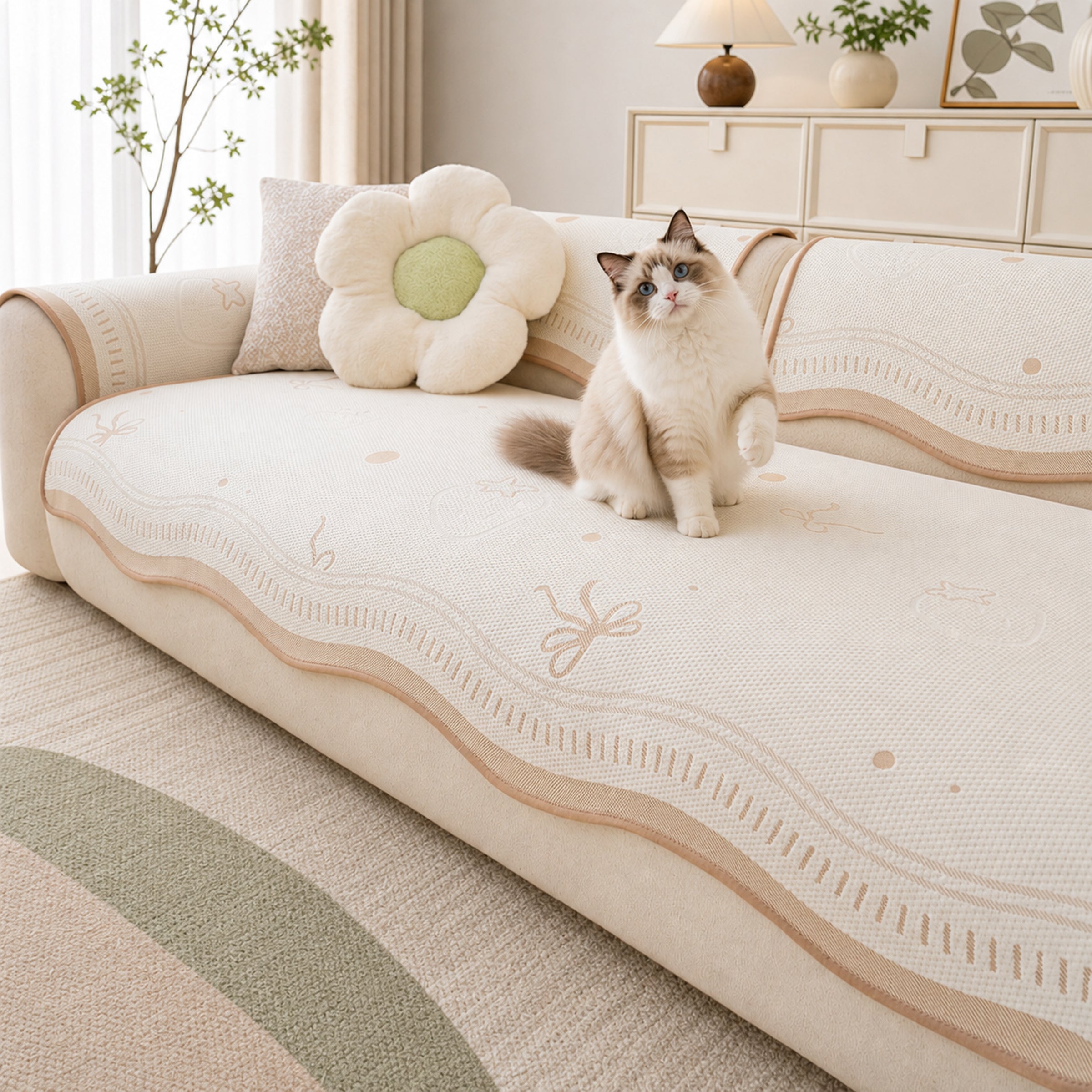 Floral & Bow Cooling Sofa Cover | Breathable Anti-Slip Pet Couch Mat