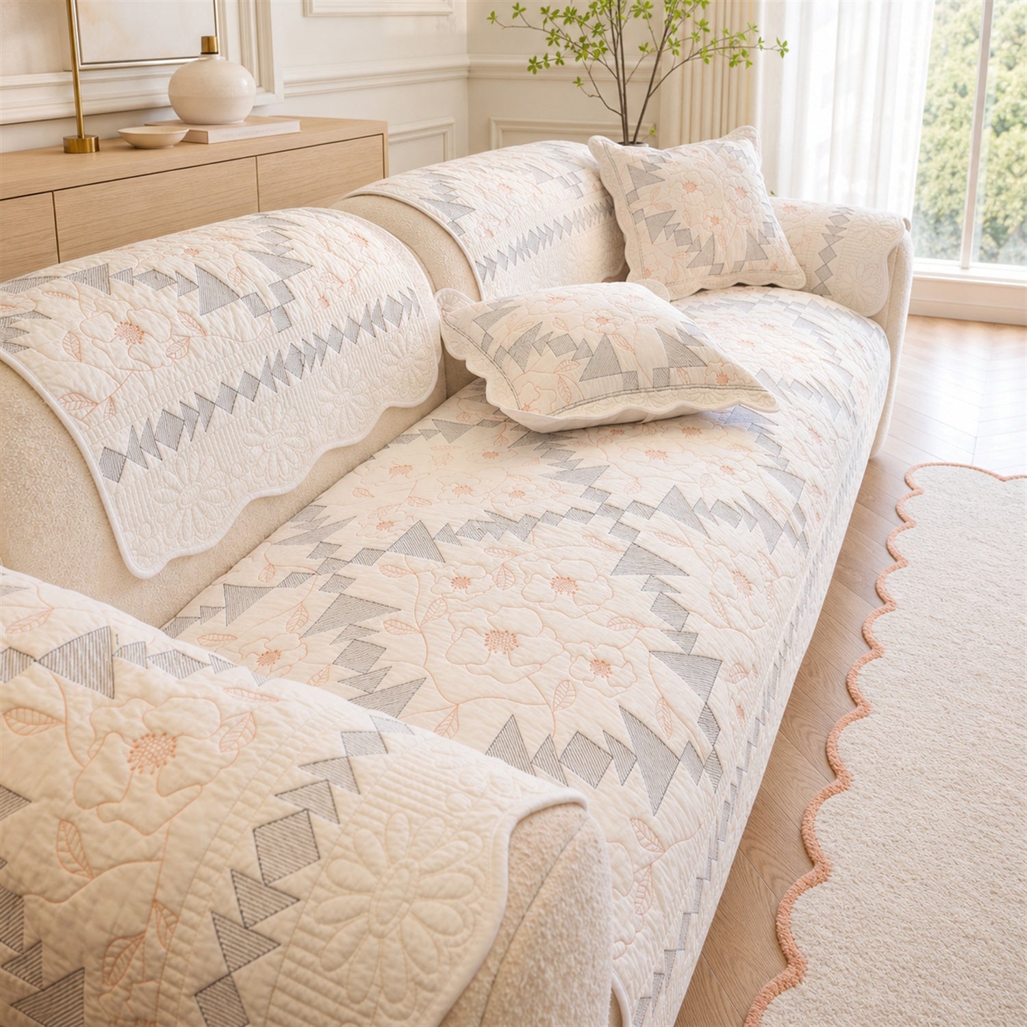 Floral Mosaic Cotton Sofa Protector | Quilted Non-Slip Washable Cover