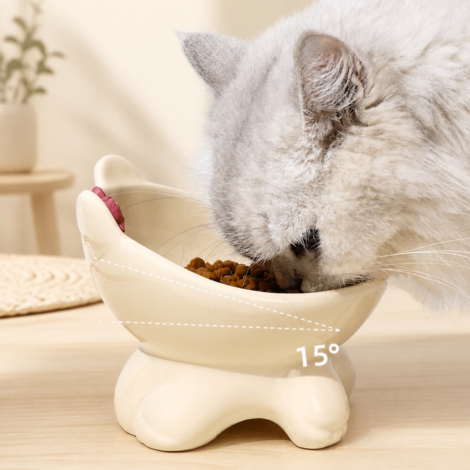 Bow Kitty Raised Ceramic Cat Bowl | 15° Tilted Easy-Clean Feeder