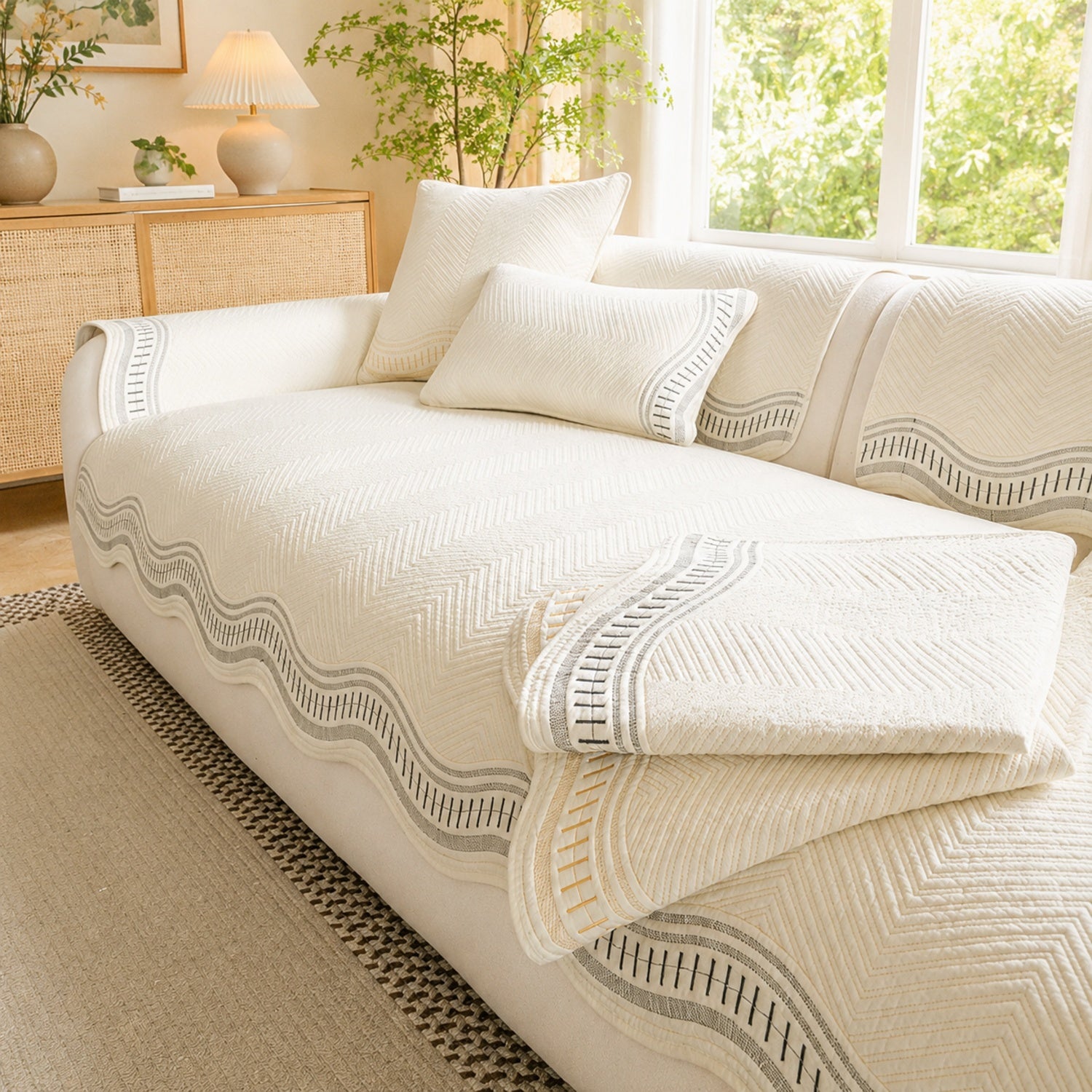 Chevron Wave Cotton Sofa Protector | Non-Slip Machine-Washable Cover