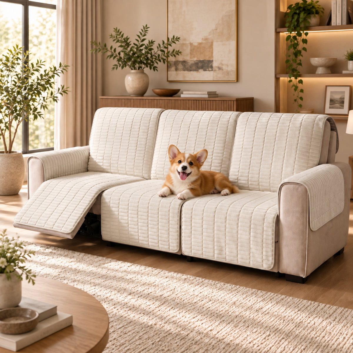 Flannel Recliner Sofa Cover | One-Piece Non-Slip Pet Protector with Elastic Straps