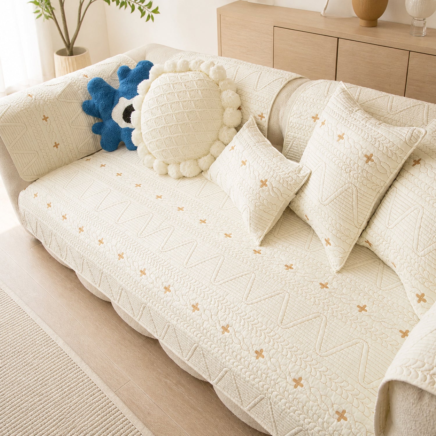 Nordic Cross Quilted Sofa Protector | 100% Cotton Non-Slip Washable Cover