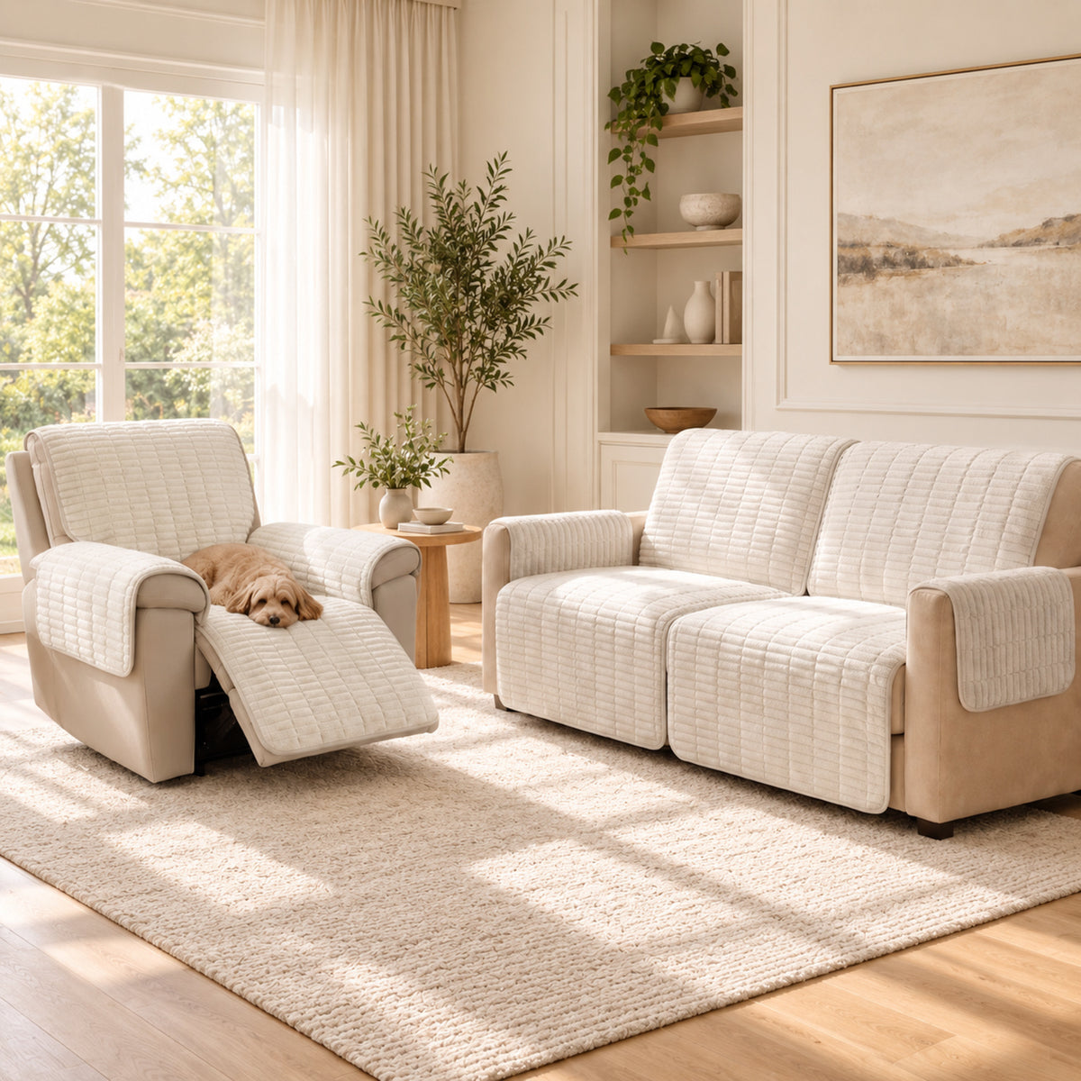 Flannel Recliner Sofa Cover | One-Piece Non-Slip Pet Protector with Elastic Straps