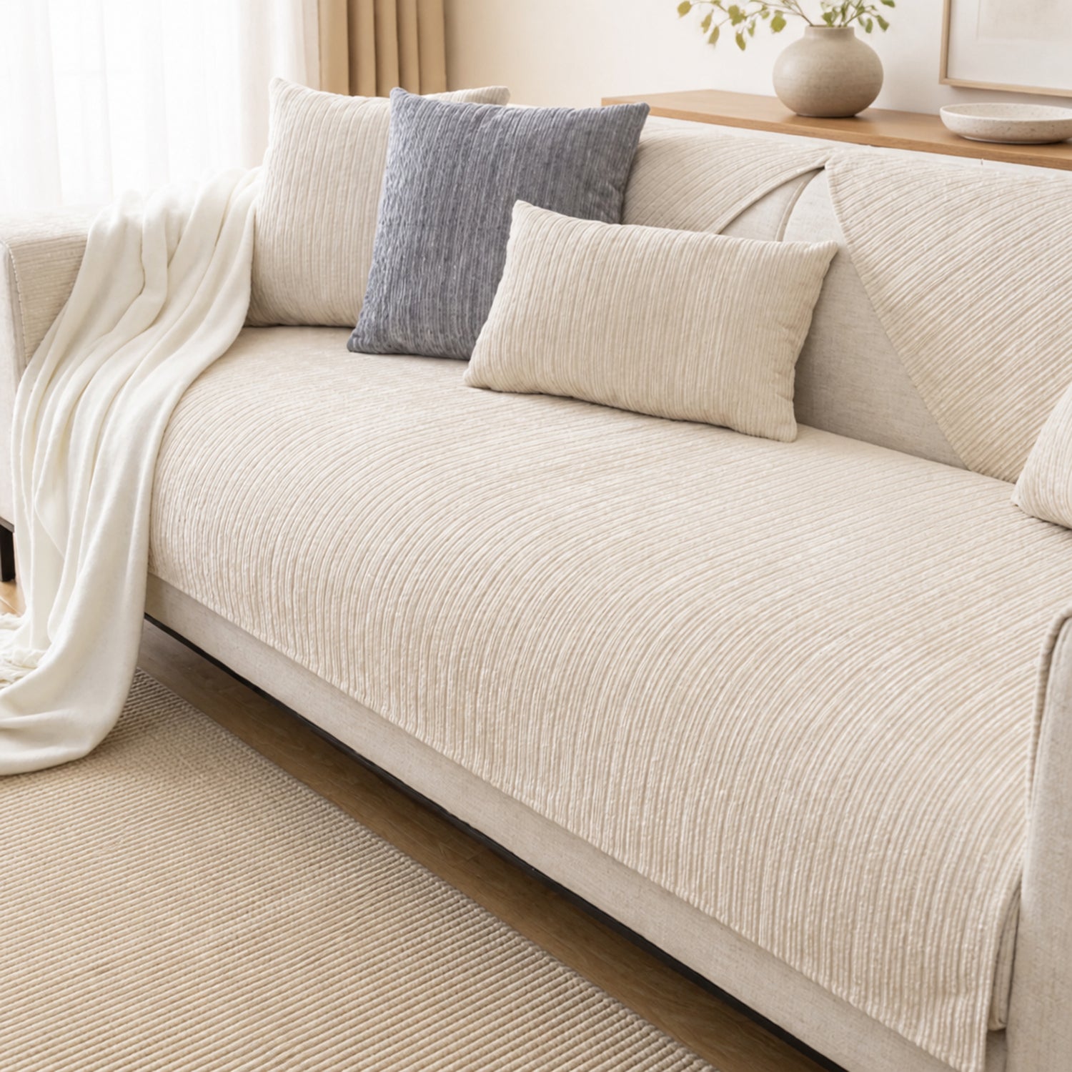 Soft Line Chenille Sofa Protector | Non-Slip Ribbed Design | Machine Washable