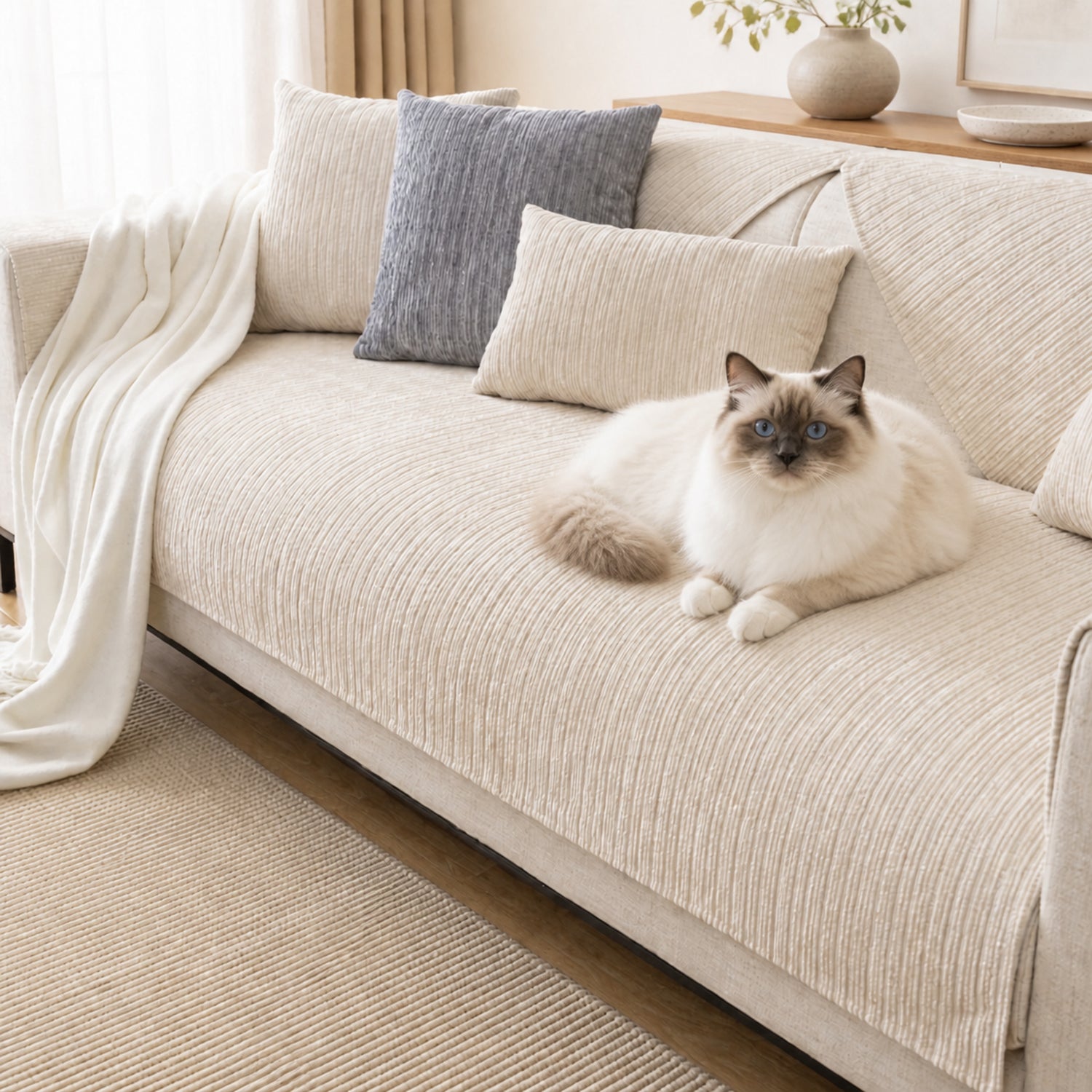 Soft Line Chenille Sofa Protector | Non-Slip Ribbed Design | Machine Washable