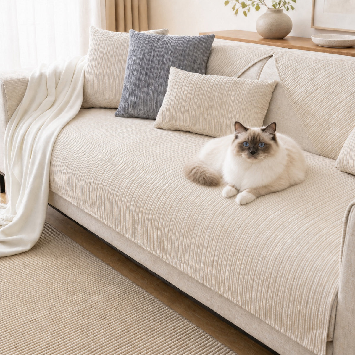 Soft Line Chenille Sofa Protector | Non-Slip Ribbed Design | Machine Washable