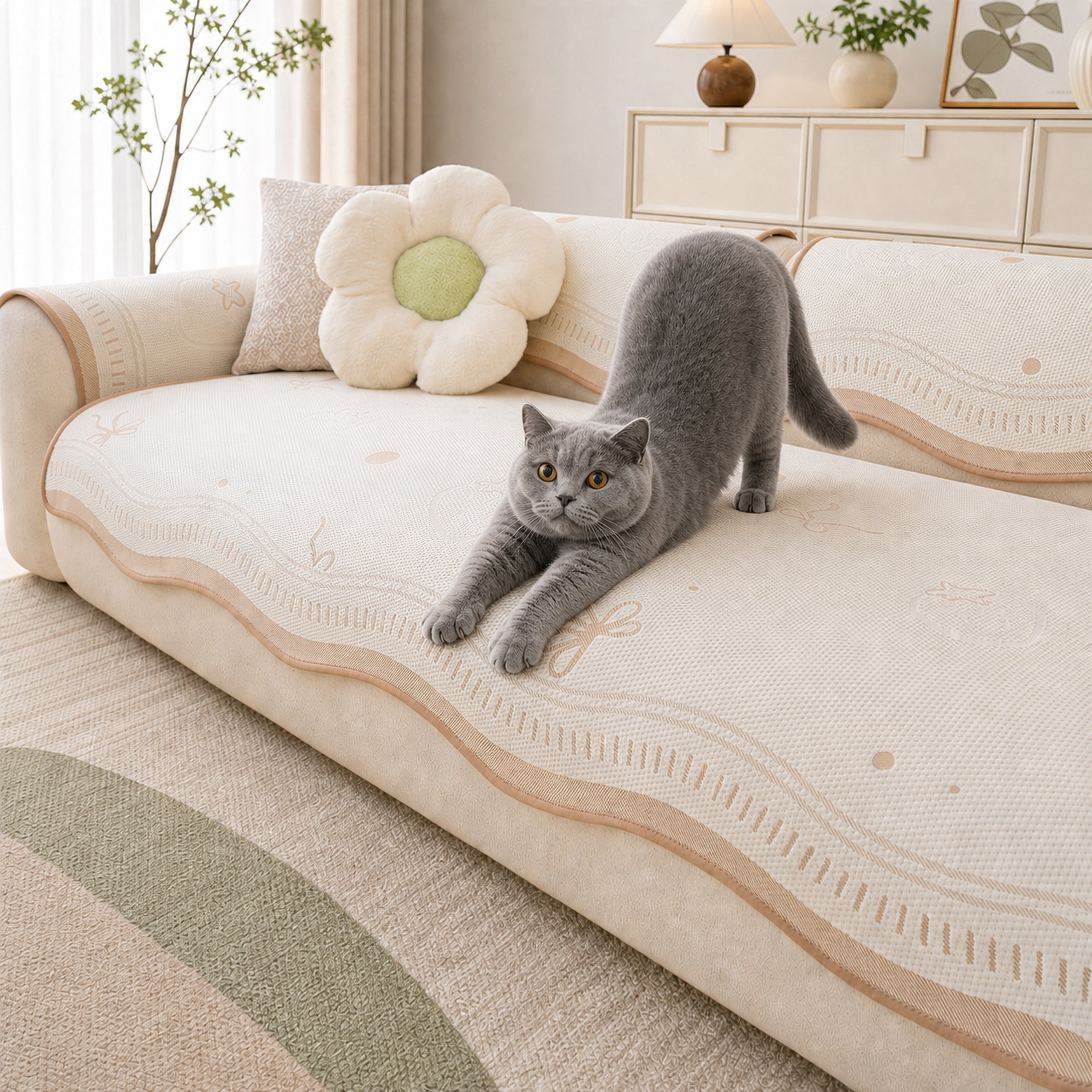 Floral & Bow Cooling Sofa Cover | Breathable Anti-Slip Pet Couch Mat
