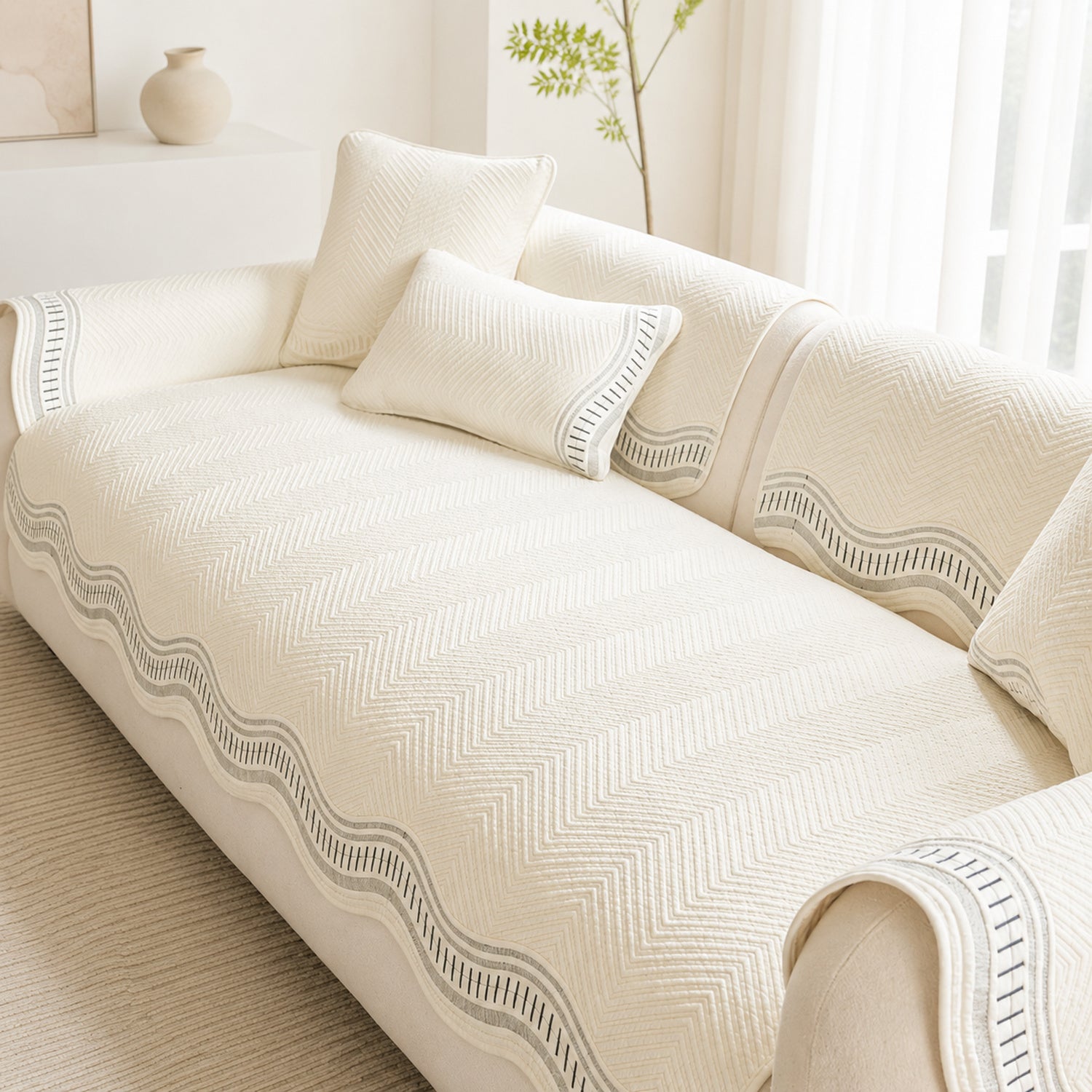 Chevron Wave Cotton Sofa Protector | Non-Slip Machine-Washable Cover