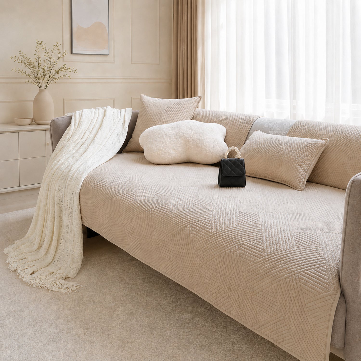 Diamond Weave Cotton Sofa Protector | Quilted Non-Slip Washable Cover
