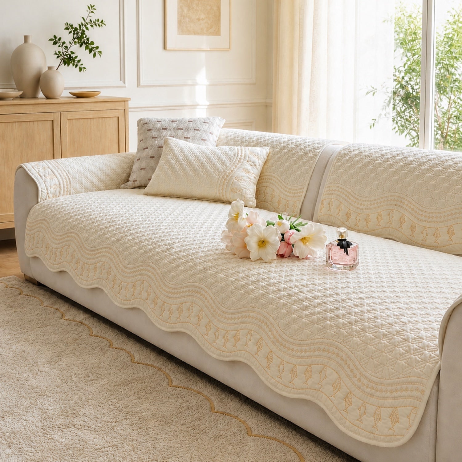 Fish Pattern Cotton Sofa Protector | Quilted Non-Slip Washable Cover