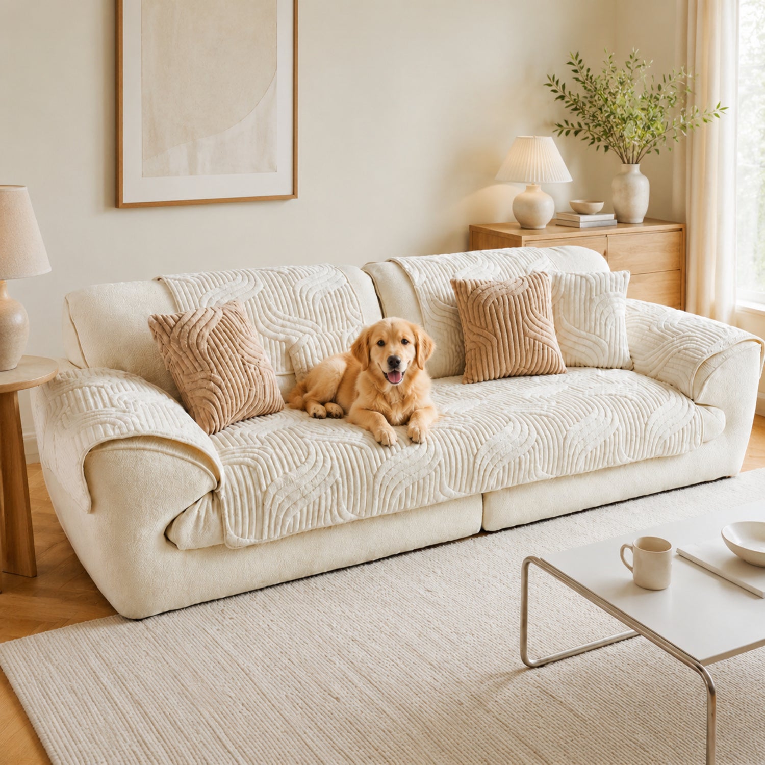Plush Geometric Sofa Protector | Soft Textured Non-Slip Washable Cover